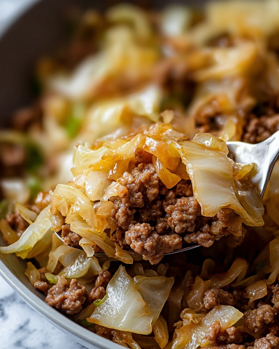 The image shows a close-up of cooked ground beef mixed with sautéed cabbage and onions. The dish has a mix of soft, translucent white and light yellow cabbage pieces layered with rich, crumbly brown ground beef. Small bits of onion, caramelized to a soft golden hue, are scattered throughout. The textures appear juicy and tender with some shine from the cooking juices. The background is blurred but the food looks warm and hearty with a silver spoon partially visible, lifting a portion of the mix. The surface beneath is a white marbled texture. photo taken with an iphone --ar 4:5 --v 7