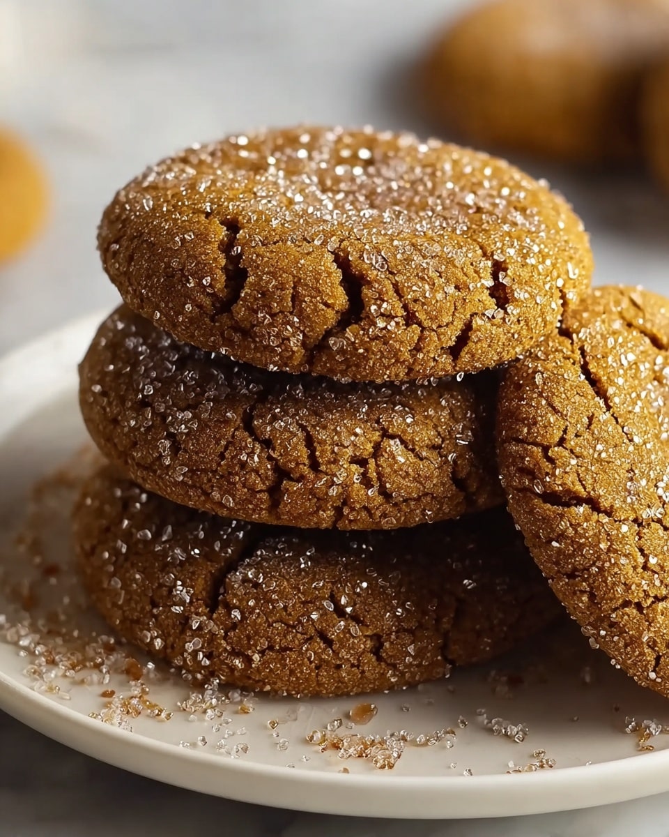 The image shows a close-up of three stacked, round cookies with a rough, cracked surface in a warm brown color. The cookies have a sparkling coating of coarse sugar crystals on top, giving a shiny and textured look. The bottom cookie is partially visible, with a fourth cookie lying flat in the foreground, also covered with sugar crystals. All the cookies rest on a white plate placed on a white marbled surface, with scattered sugar crystals around them. Photo taken with an iphone --ar 4:5 --v 7