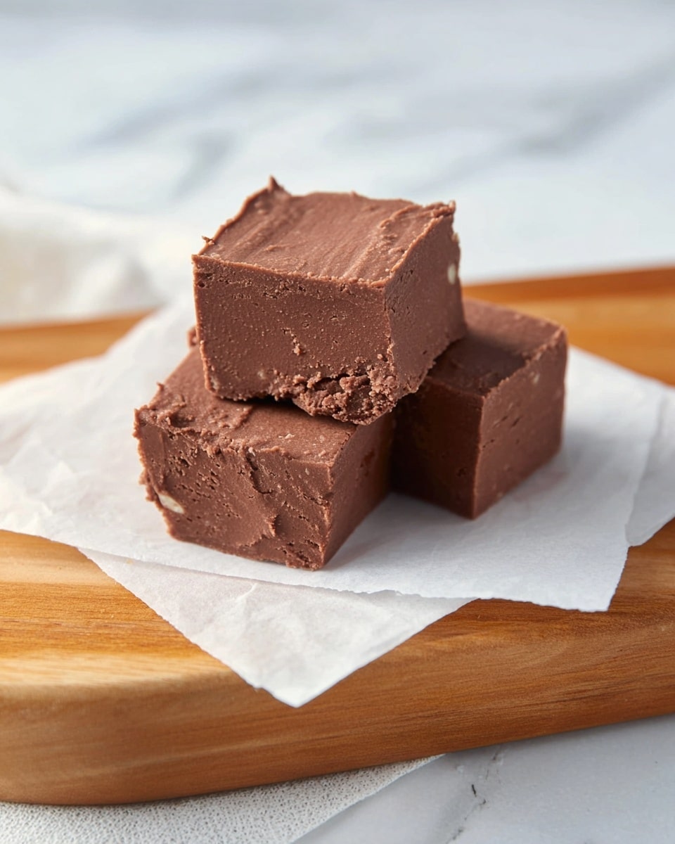 Three square pieces of rich chocolate fudge are stacked in a small pile on a piece of white parchment paper. Each fudge square has a smooth yet slightly rough texture with some small nut pieces visible inside. The fudge is deep brown and thick, with clean-cut edges. The parchment paper rests on a wooden board with a light brown color and natural grain pattern. The whole setup is placed on a white marbled texture surface in soft natural light. photo taken with an iphone --ar 4:5 --v 7