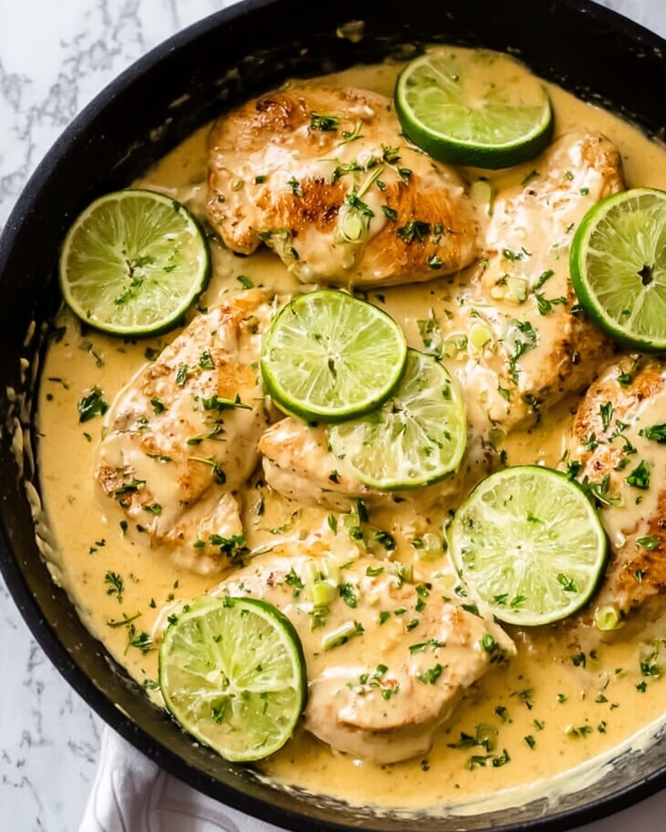 A close-up view of a black skillet filled with several pieces of cooked chicken breast covered in a thick, creamy light yellow sauce. The chicken pieces are partially submerged in the sauce, which has a smooth and slightly glossy texture. Bright green lime slices, some halved and some whole rounds, are scattered on top of the chicken and sauce, adding fresh color contrast. Small green herb bits are sprinkled over the dish, giving it more texture and a fresh look. The skillet rests on a white marbled surface. photo taken with an iphone --ar 4:5 --v 7
