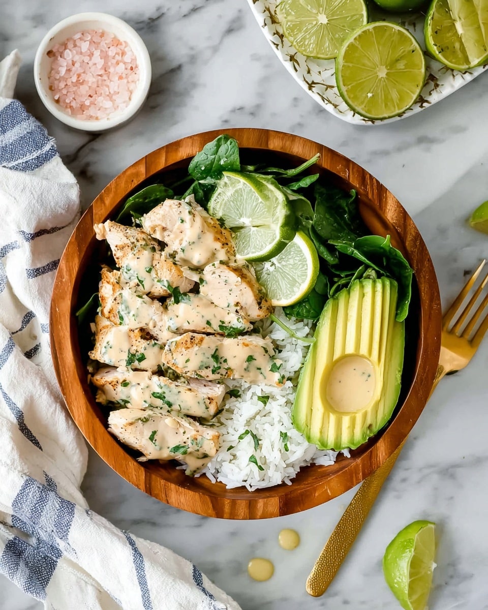 A round wooden bowl sits on a white marbled surface, filled with a layered dish. The bottom layer is fresh, dark green spinach leaves, topped with a portion of fluffy white rice on one side. On the other side, slices of ripe avocado with a smooth pale green color fan out neatly. On top, there are several pieces of grilled chicken breast, covered in a light creamy sauce sprinkled with green herbs. Three thin lime slices rest on the chicken, adding a bright green contrast. Around the bowl, small drops of sauce are visible. Nearby, there is a gold fork resting on a white and blue striped cloth, a small white bowl with pink salt, and halved fresh limes on the marble surface. photo taken with an iphone --ar 4:5 --v 7