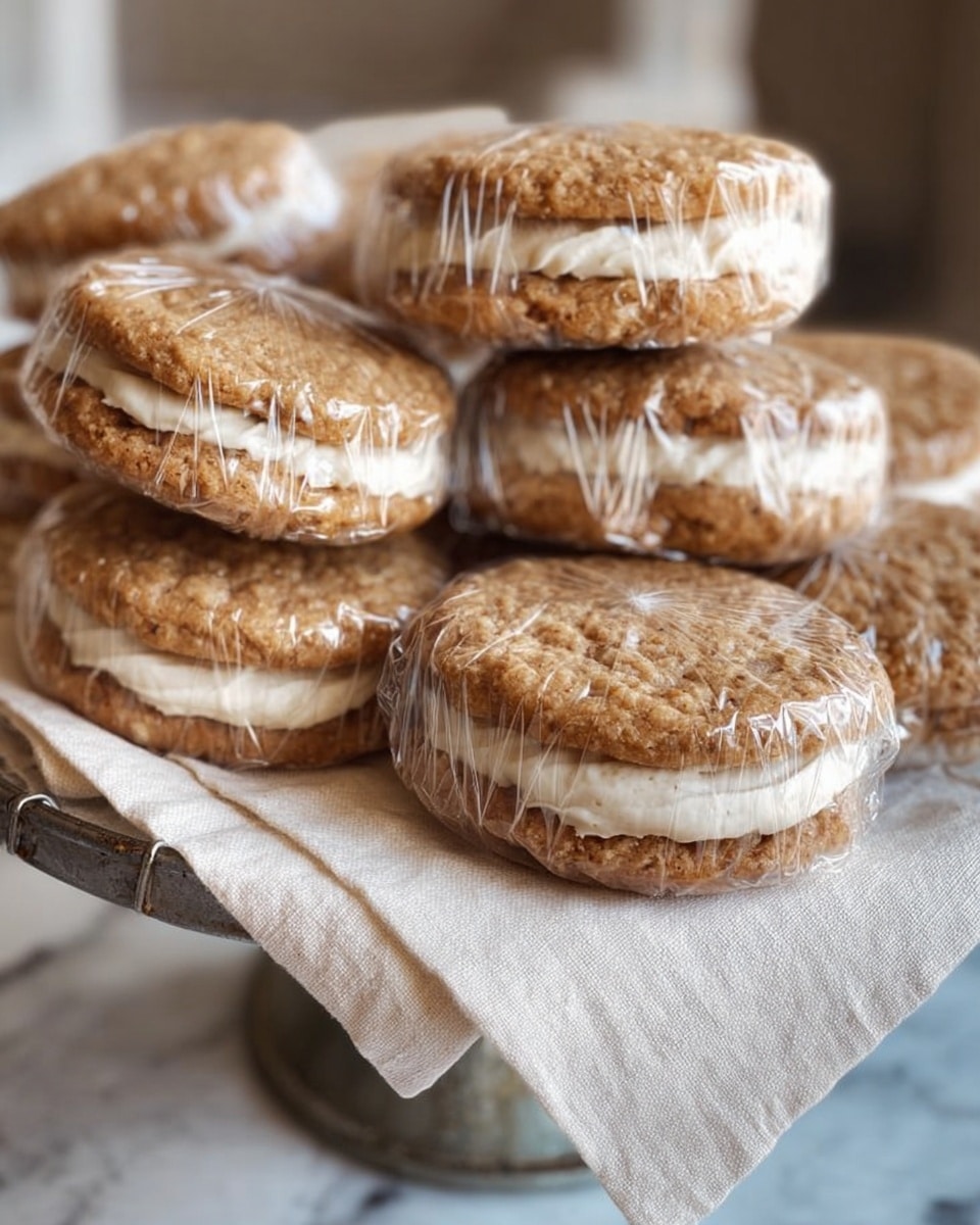 The image shows a pile of oatmeal cream pies wrapped in clear plastic. Each pie has two roughly textured, light brown oatmeal cookie layers with a smooth, creamy white filling in the middle. They are stacked on a soft, light beige cloth that sits on a raised metal stand with a rustic look. The background is softly blurred, with a white marbled surface visible beneath the stand. photo taken with an iphone --ar 4:5 --v 7