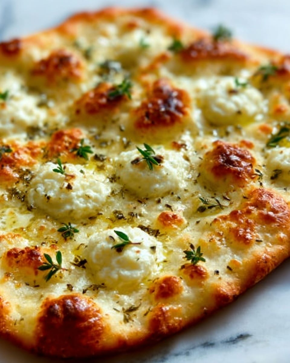 A close-up view of a flatbread pizza with a golden, bubbly crust as the base layer, topped with melted white cheese blobs that are slightly browned on top, giving a soft and creamy texture. Small sprigs of green herbs are scattered evenly across the surface, adding a fresh touch. The flatbread rests on a white marbled texture, highlighting the warm colors of the dish. photo taken with an iphone --ar 4:5 --v 7