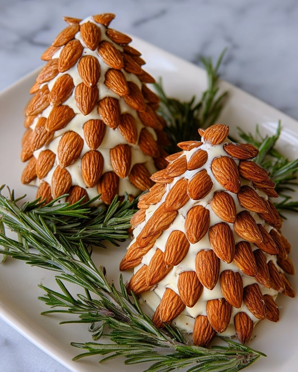 Two pinecone-shaped treats sit centered on a white plate, each covered with layers of whole almonds pressed into a creamy white base. The almonds form neat, overlapping rows with their smooth brown skin showing, creating a textured, scaled look. Sprigs of fresh green rosemary rest alongside the cones, adding a natural touch around the base. The white marbled background contrasts softly with the warm almond tones and the green rosemary, highlighting the detailed layers and shapes. photo taken with an iphone --ar 4:5 --v 7