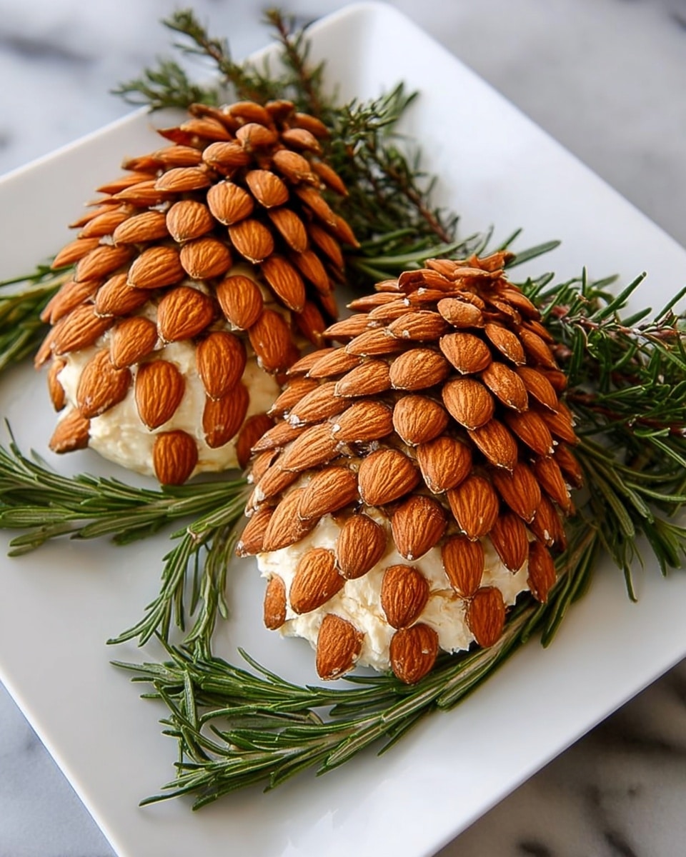 The image shows two pinecone-shaped cheese balls on a white square plate, each covered with whole almonds placed in overlapping rows to look like pinecone scales. The cheese base underneath is creamy white and visible slightly between the almonds. Fresh rosemary sprigs are laid around and slightly under the cheese balls, adding a green leafy contrast to the brown almonds and white plate. The plate sits on a white marbled surface, creating a clean and natural backdrop. Photo taken with an iphone --ar 4:5 --v 7