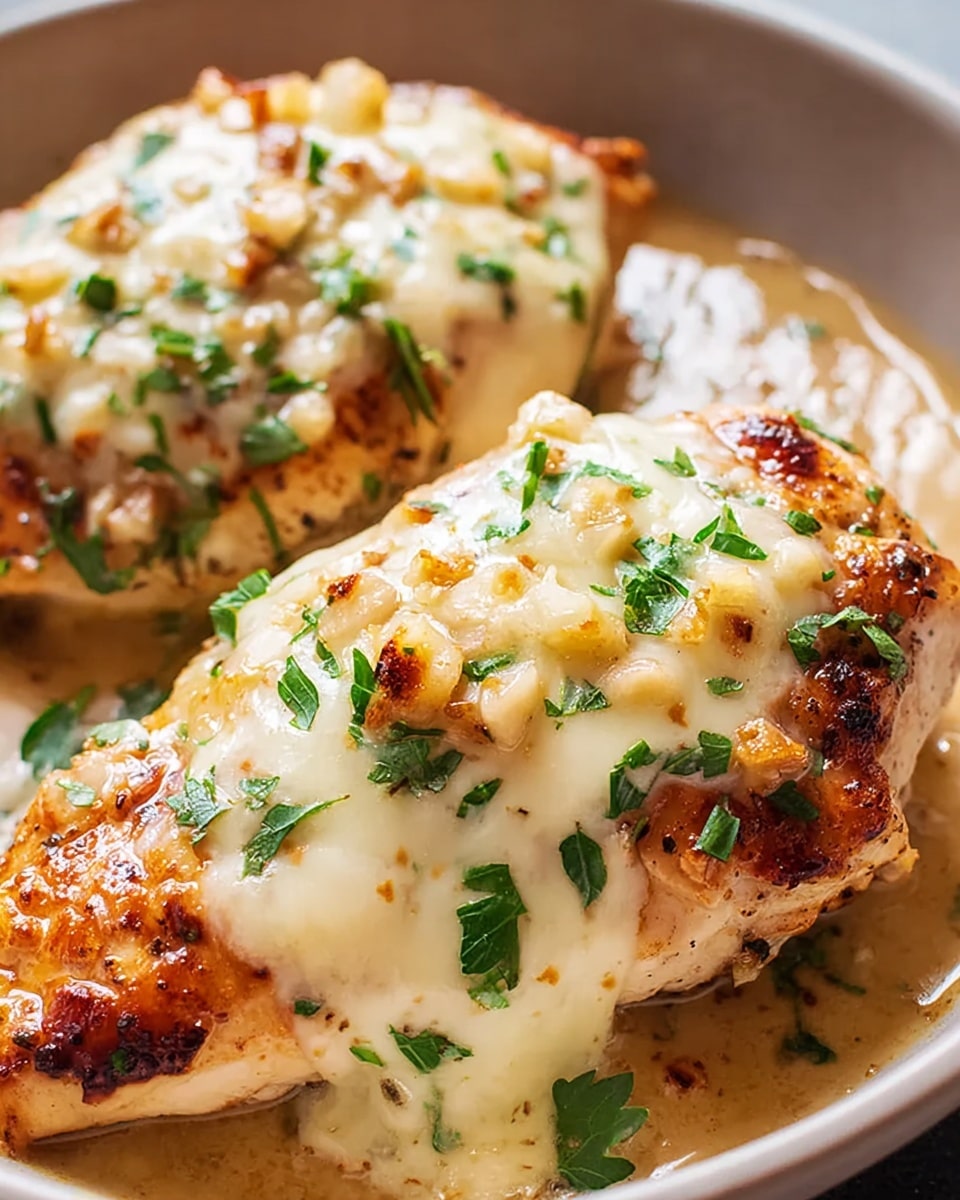 Two cooked chicken breasts sit in a shallow pool of light brown sauce on a white marbled surface. Each chicken piece is covered with a thick, melted layer of creamy white cheese that is slightly browned on top and mixed with small, golden-brown bits. Fresh green parsley leaves are sprinkled on top, adding a pop of color and freshness. The chicken looks juicy with a golden-brown seared crust visible under the cheese, and the sauce around it glistens softly. Photo taken with an iphone --ar 4:5 --v 7