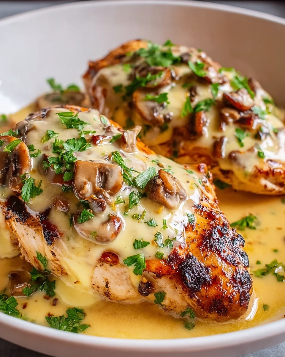 Two golden-brown grilled chicken breasts are shown close up in a white bowl, each topped with a creamy, light yellow melted cheese layer mixed with small pieces of sautéed mushrooms. The chicken is covered with a glossy, smooth sauce that pools at the bottom, and fresh green parsley leaves are scattered on top, adding a pop of color. The edges of the chicken are slightly charred, giving a textured look that contrasts with the creamy topping. The dish sits on a white marbled texture background. photo taken with an iphone --ar 4:5 --v 7