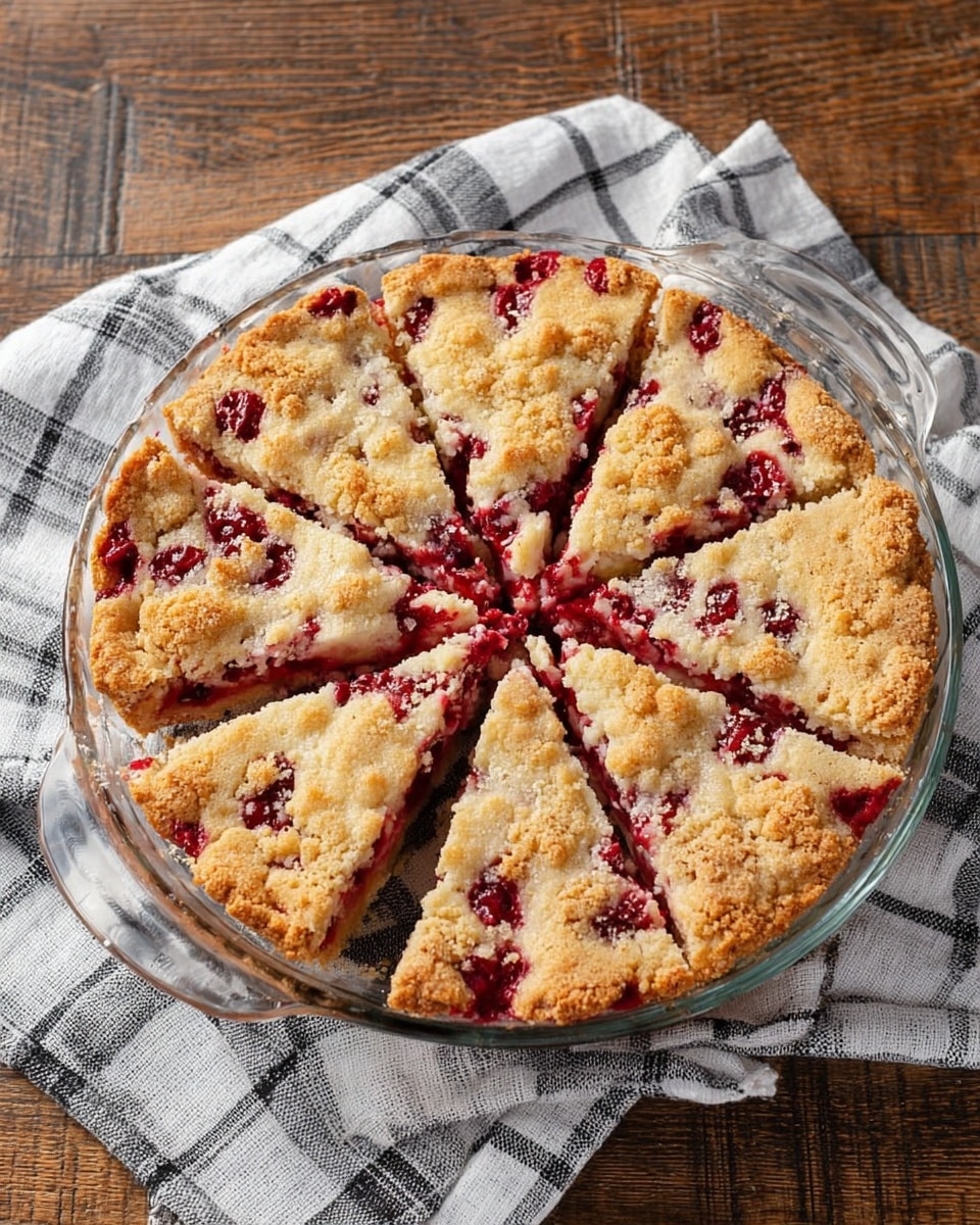 A round dessert cut into eight slices sits in a clear glass pie dish with handles, placed on a white and gray checkered cloth on a wooden table. The top layer is golden brown with a crumbly texture, featuring spots of bright red berry filling that peek through unevenly. The surface looks slightly cracked with a mix of creamy and fruity textures visible. photo taken with an iphone --ar 4:5 --v 7