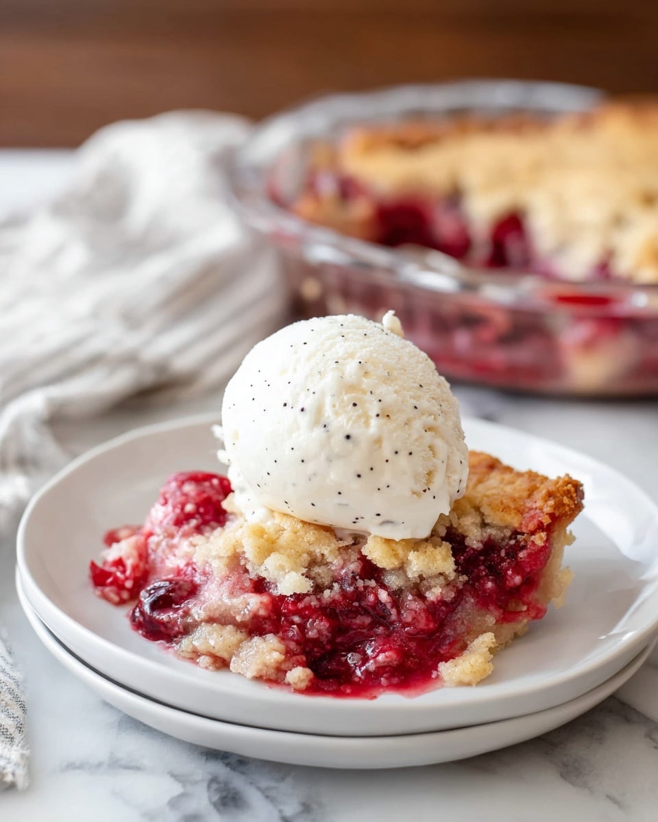A white plate holds one square slice of a berry cobbler with three visible layers: a golden brown crust on top with a rough texture, a thick middle layer of vibrant red berries mixed with a soft, slightly crumbly beige dough, and a bottom crust that looks firm yet crumbly. On top of the cobbler slice, there is a large scoop of creamy white vanilla ice cream speckled with small black vanilla bean dots, smooth and slightly melting around the edges. In the background, a glass pie dish filled with the remaining cobbler sits on a white marbled surface with a soft, blurred white and gray cloth nearby. photo taken with an iphone --ar 4:5 --v 7