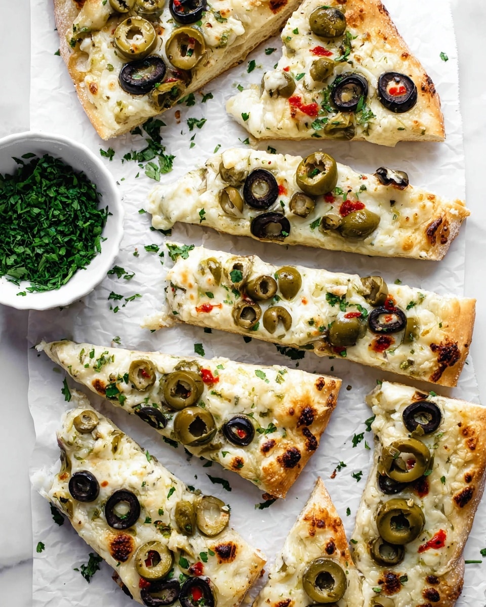 The image shows multiple slices of thin, white pizza scattered on white parchment paper over a white marbled surface. Each slice has a lightly browned crust with a creamy white cheese layer on top. The pizza is topped with green olives that have red pimentos inside, black olive slices, and small bits of green herbs sprinkled over all the slices. A white bowl filled with finely chopped green herbs is placed to the side. The green herbs on the pizza and around add bright color contrast to the creamy and olive tones. photo taken with an iphone --ar 4:5 --v 7