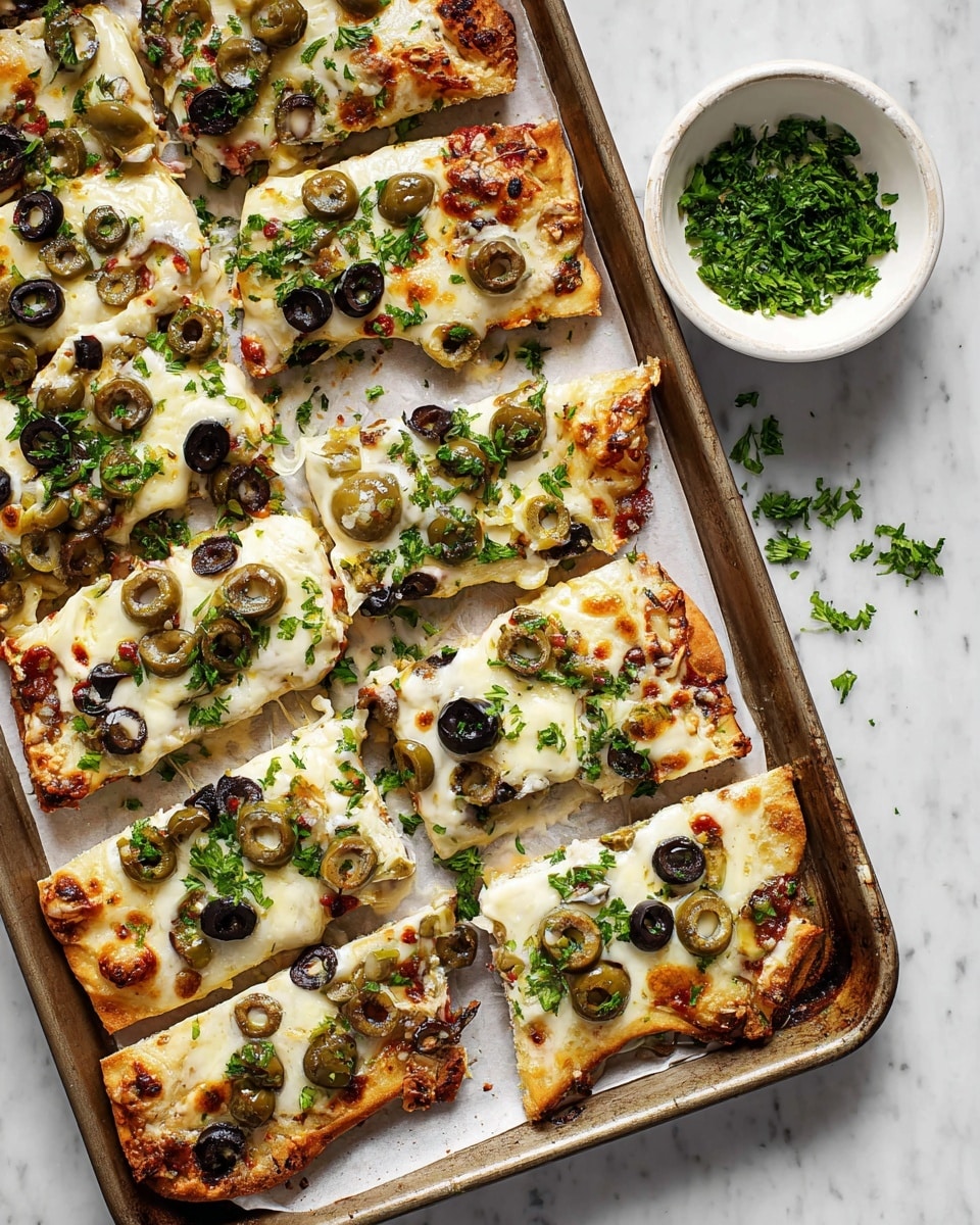 A sheet pan holds many slices of flatbread pizza spread over a parchment paper layer. The flatbread crust is golden brown and slightly crispy, topped with a thick, melted layer of creamy white cheese. Sitting on top of the cheese are slices of black and green olives, scattered evenly across the surface, with bits of red pimento visible inside the green olives. Fresh green parsley leaves are sprinkled over the flatbread, adding a touch of color. To the upper right corner of the pan is a small white bowl filled with finely chopped parsley on a white marbled surface. photo taken with an iphone --ar 4:5 --v 7
