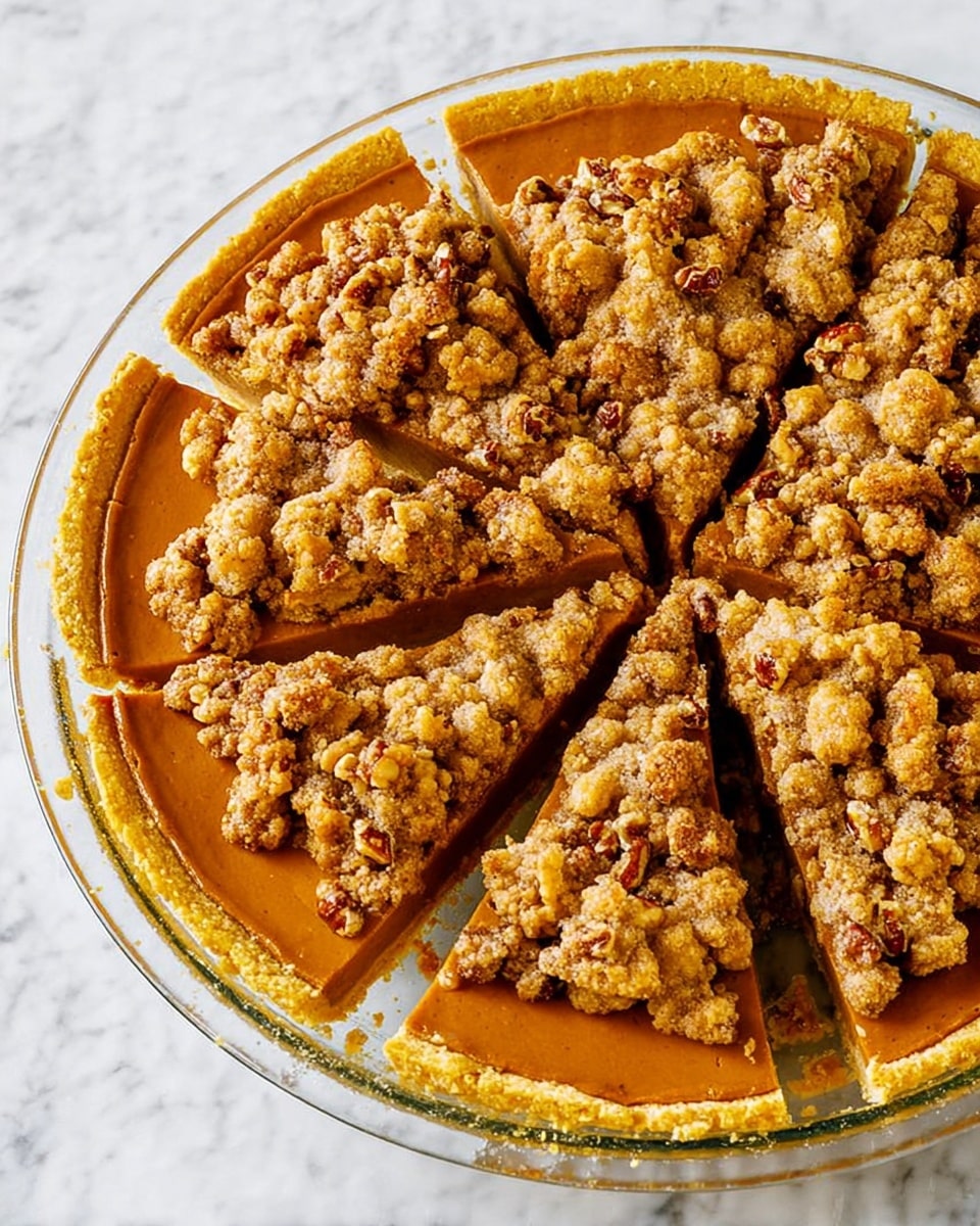 A close-up image shows a slice of pie lifted above the pie dish on a black spatula. The pie has three layers: a pale golden crust at the bottom, a thick, smooth, and solid layer of deep orange pumpkin filling in the middle, and a crumbly, chunky streusel topping mixed with darker brown pecans on top. The pie dish is clear glass, and the pie filling inside is the same rich orange with the nutty topping visible. The background has a white marbled texture with soft white bricks. photo taken with an iphone --ar 4:5 --v 7