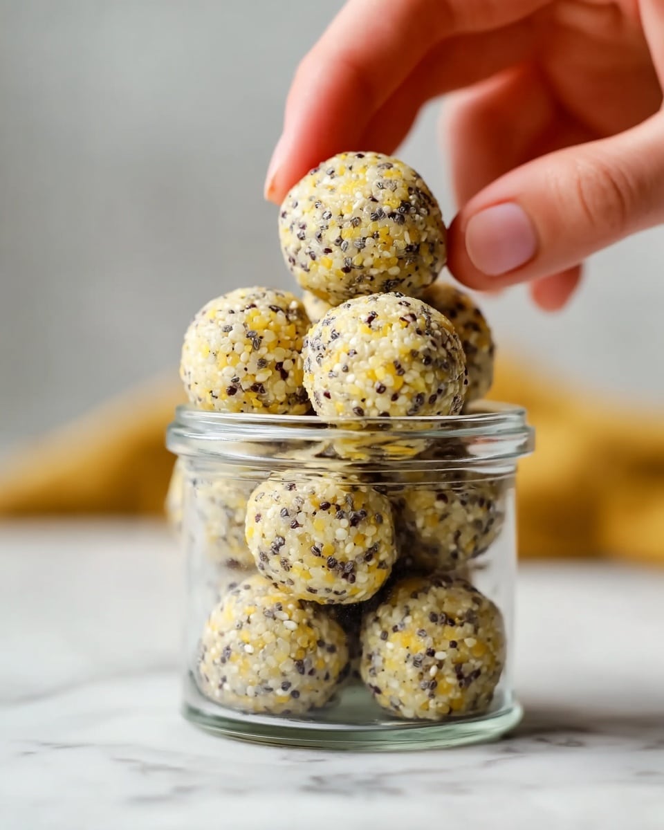 A close-up of a small glass jar filled with round, bite-sized energy balls that have a speckled texture made of yellow, black, and white seeds. The balls are stacked tightly inside the jar, showing a dense, grainy surface. A woman's hand is gently holding one energy ball above the jar, highlighting its round shape and detailed texture. The jar is placed on a white marbled surface, and the background is softly blurred out, keeping the focus on the jar and the energy balls. photo taken with an iphone --ar 4:5 --v 7