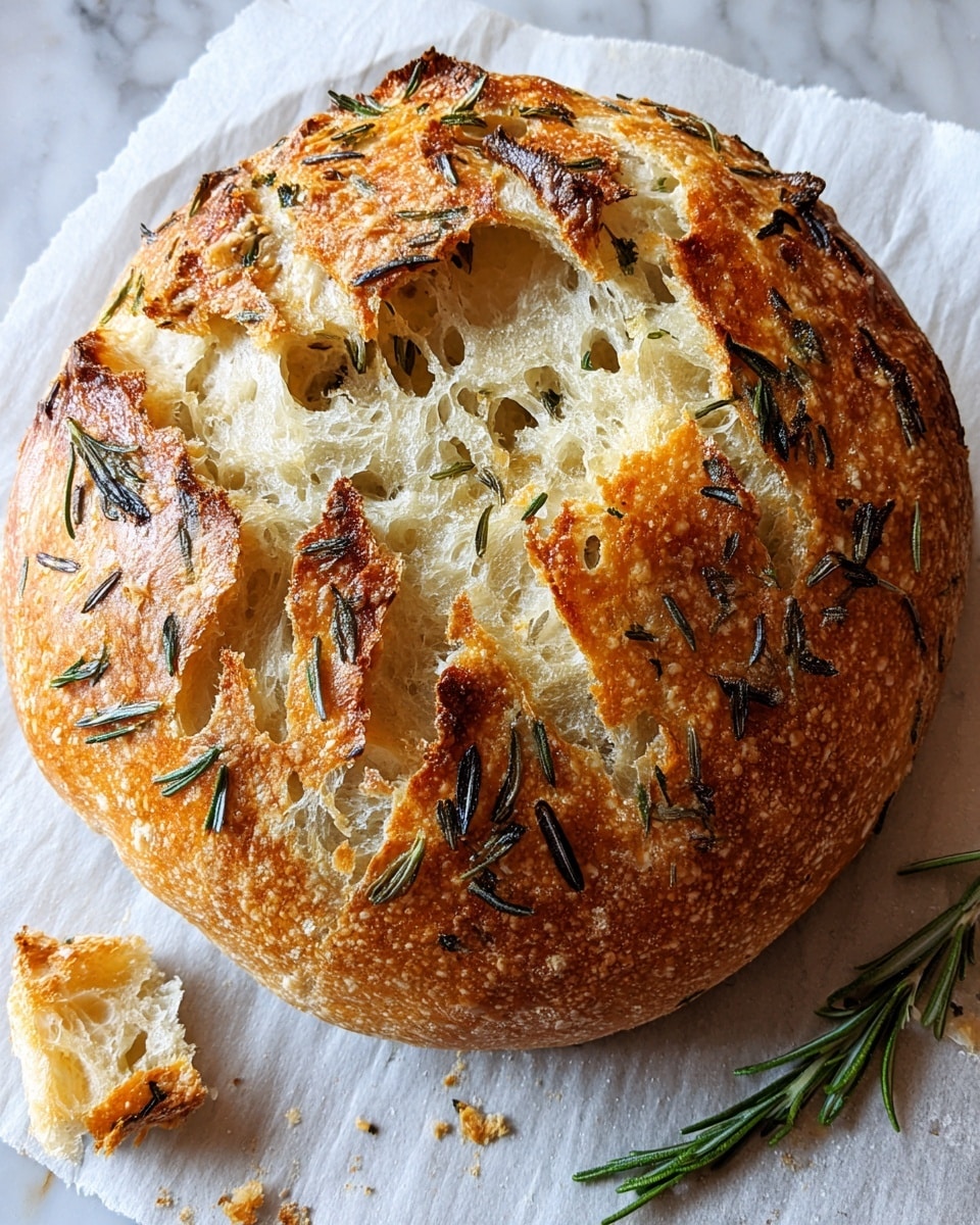 A round loaf of bread with a golden-brown crust sits on white parchment paper over a white marbled surface. The crust is cracked open in multiple places, revealing a soft, airy, light cream-colored inside with large holes. Small, dark green sprigs of rosemary are spread across the crust, some baked into the bread. A few crumbs and a sprig of rosemary are visible next to the loaf. Photo taken with an iphone --ar 4:5 --v 7