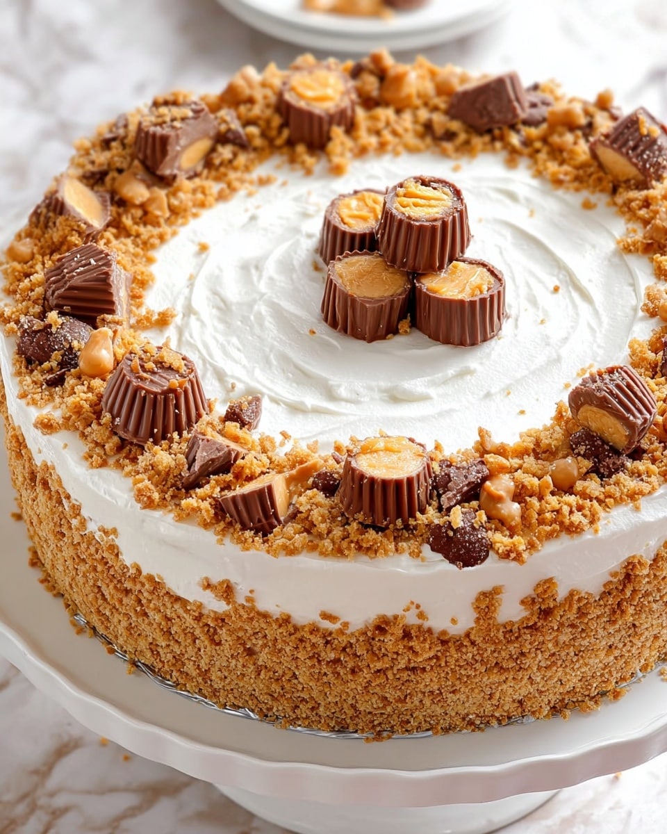 A round cake with three clear layers: the bottom and sides are covered in a thick, crumbly, light brown nut and cookie crust; the middle layer is smooth and white, made of whipped cream or frosting, which also covers the top. On top of the cake, around the edge, there is a ring of crushed nuts and cookie crumbs mixed with pieces of cut peanut butter cups, which are dark brown with a peanut butter filling. In the center, there are three whole peanut butter cups stacked together, adding height and texture contrast. The cake sits on a white plate with a fluted edge on a white marbled surface. photo taken with an iphone --ar 4:5 --v 7