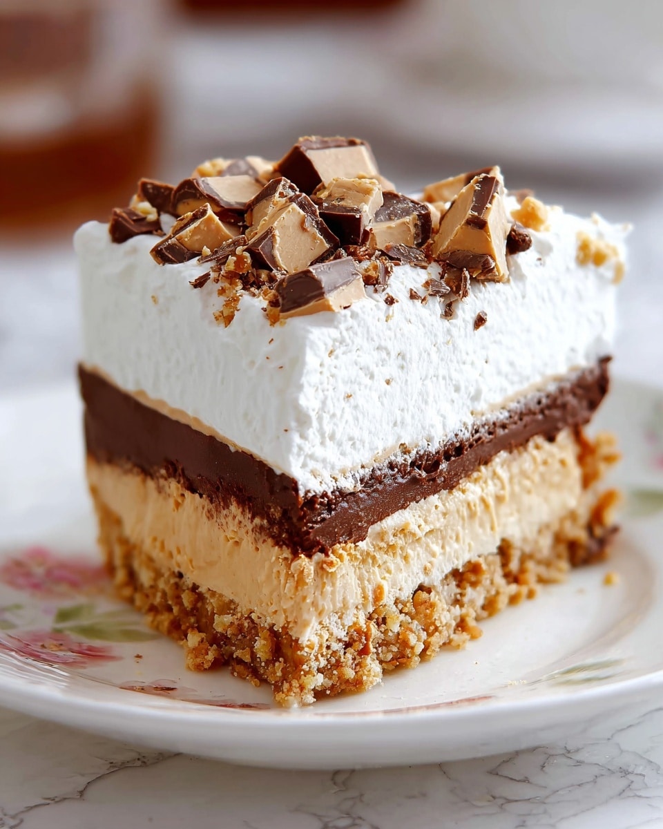 A slice of dessert with four clear layers is shown on a white plate with a soft floral pattern, set on a white marbled surface. The bottom layer is a crunchy, brown crust made of crushed nuts and cookies. Above it is a thin, smooth, dark chocolate layer. The third layer is thick and creamy, light tan in color, resembling peanut butter mousse. The top layer is fluffy white whipped cream that covers the slice evenly. On the whipped cream, small pieces of chopped chocolate candy with a mix of light and dark brown colors are scattered for decoration. The slice looks rich and textured with a soft, thick, and crunchy feel, perfect for a sweet treat. photo taken with an iphone --ar 4:5 --v 7
