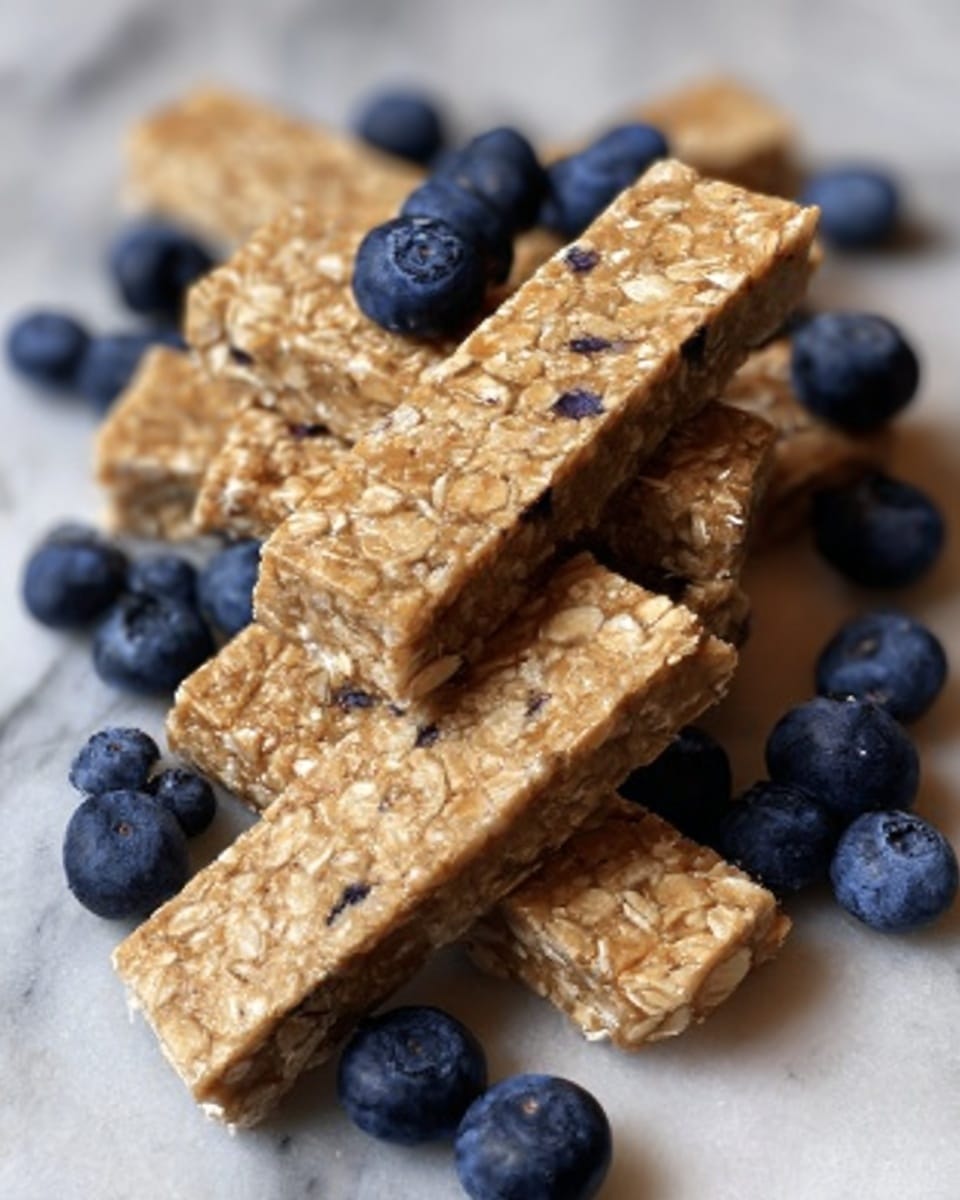 The image shows several light brown granola bars with a rough texture, stacked in a loose pile on a white marbled surface. Each bar is rectangular and appears dense with small visible pieces of oats and bits of blueberries inside. Around the bars, there are fresh blueberries scattered, adding a pop of deep blue color, smooth and round in shape. The contrast between the bars’ grainy texture and the blueberries' smooth skin is clear. photo taken with an iphone --ar 4:5 --v 7