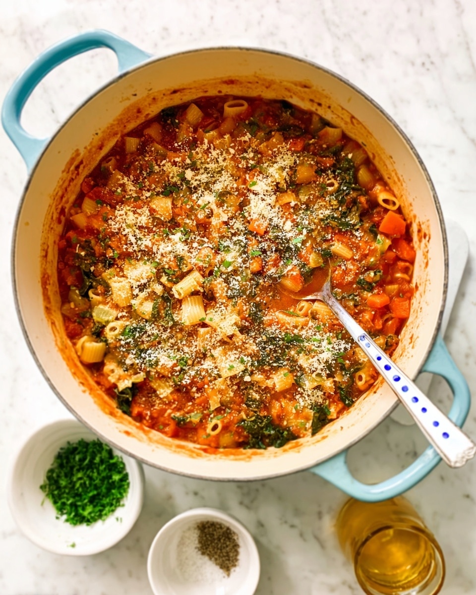 A large white pot with light blue handles holds a thick stew made of a red tomato base with diced carrots, green leafy vegetables, and small pasta tubes layered throughout. The top layer is sprinkled with grated cheese and finely chopped herbs, creating a textured look of melted, white, and green patches. A metal spoon with a white handle and blue dots rests inside the stew on the right side. Around the pot, there are three small white dishes, one with chopped green herbs, one with mixed salt and pepper, and one with a golden liquid. All items are placed on a white marbled surface. Photo taken with an iphone --ar 4:5 --v 7