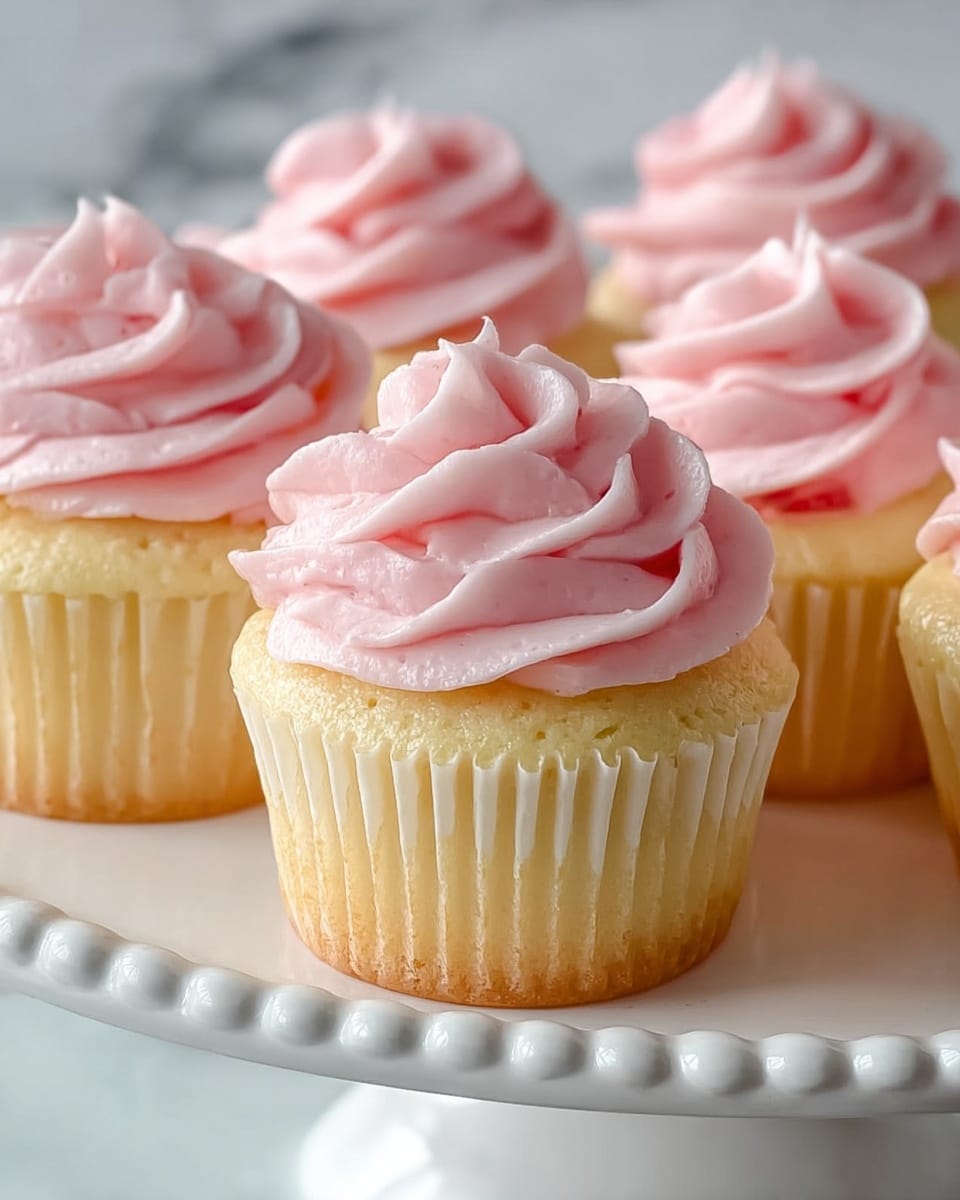 The image shows a group of vanilla cupcakes with light yellow sponge bases in white paper liners. Each cupcake has one generous swirl layer of smooth, soft pink frosting on top, piped in a circular pattern that rises to a gentle peak. The cupcakes are arranged close together on a white plate with a beaded edge. The background is simple and blurred with a white marbled texture beneath the plate, highlighting the delicate pastel colors and soft textures of the cupcakes. photo taken with an iphone --ar 4:5 --v 7