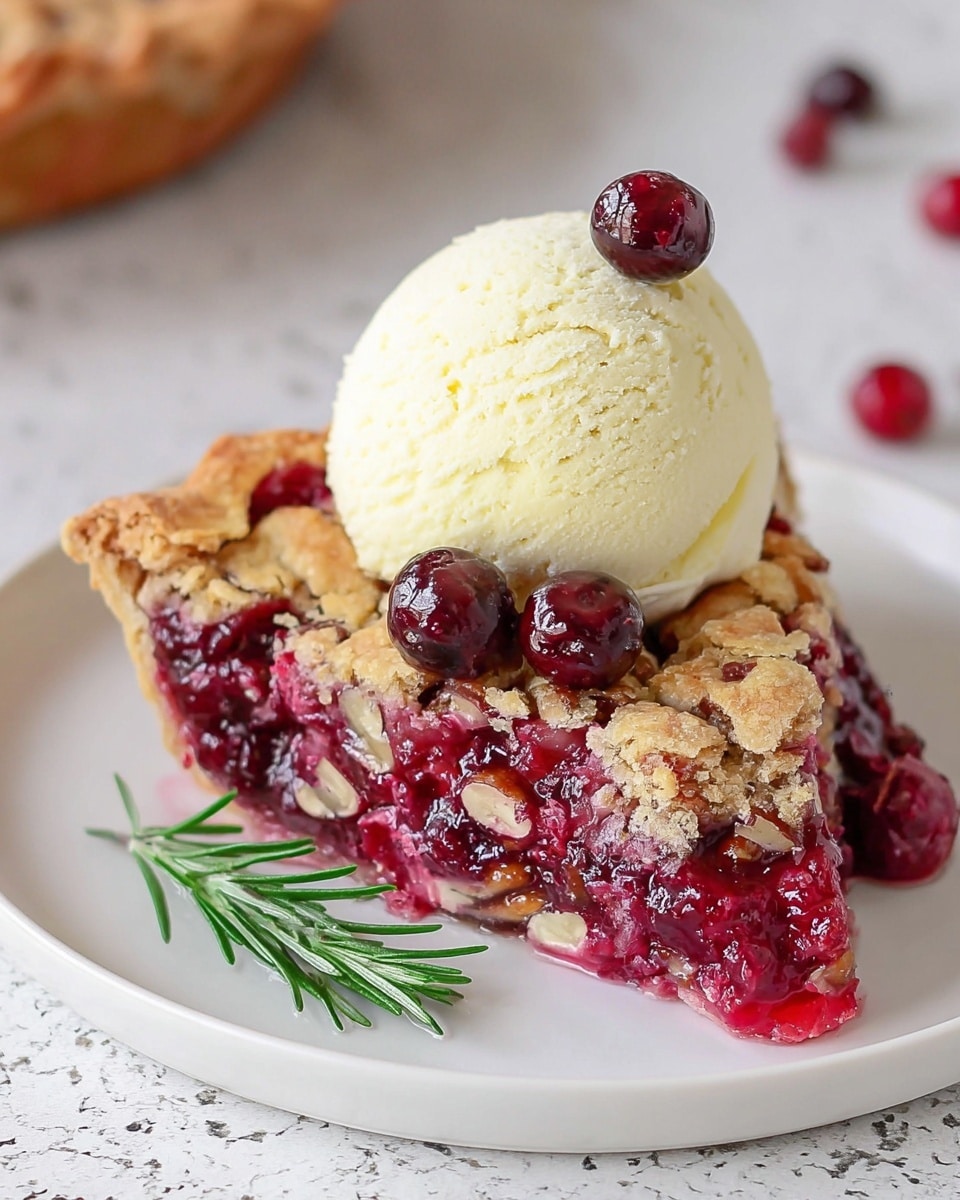 A triangular piece of cranberry pie sits on a white plate on a white marbled textured surface, showing two main layers: the bottom layer is a mixture of juicy, bright red cranberries with a bit of melted filling and some brown nuts scattered inside, while the top layer is a golden-brown, crumbly crust cracked slightly to show the berries underneath. On top of the pie slice is a smooth, pale yellow scoop of vanilla ice cream, garnished with two whole dark red cranberries and a fresh, green rosemary sprig, adding contrast to the warm dessert. Photo taken with an iphone --ar 4:5 --v 7