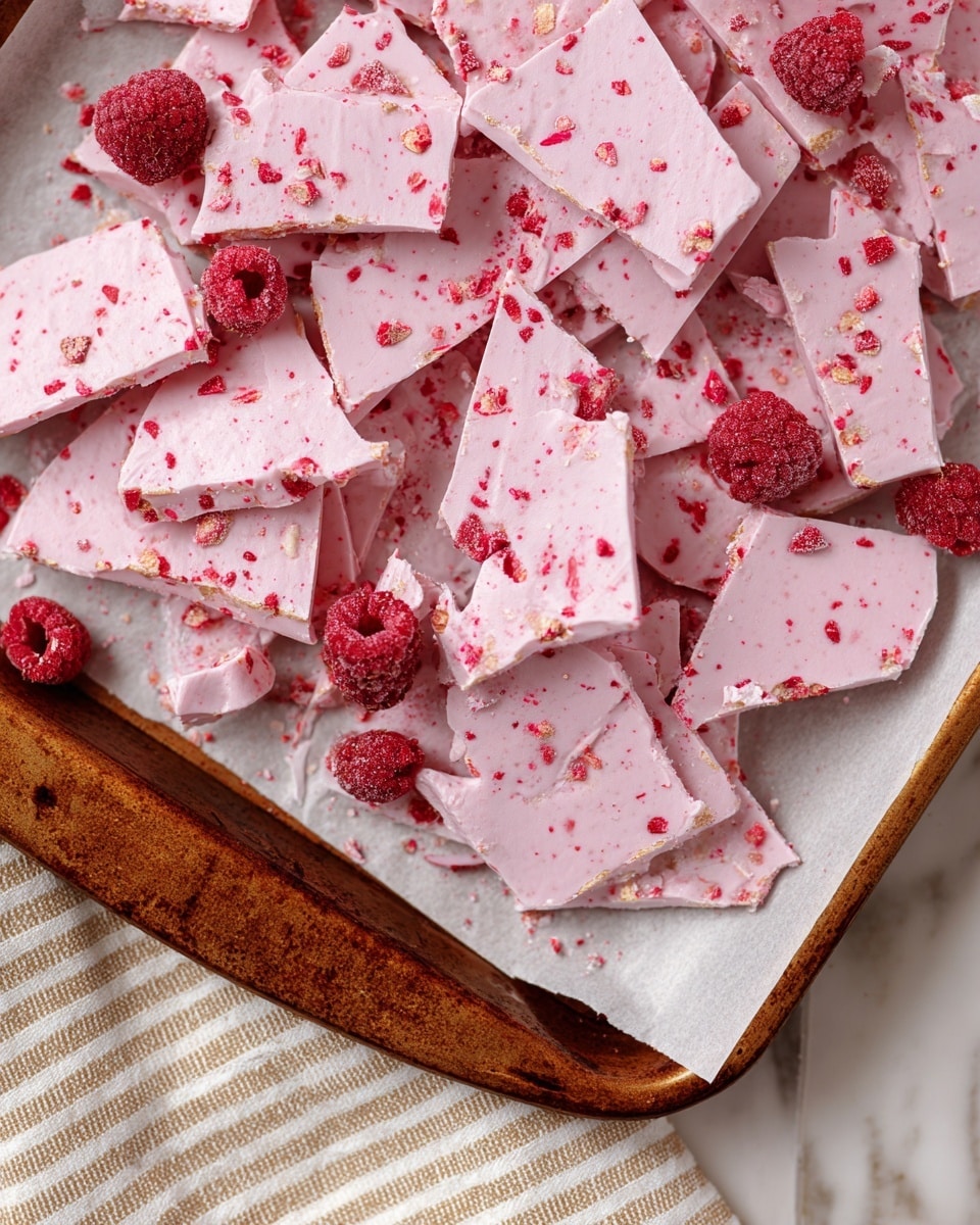 The image shows a close-up of many pieces of pale pink broken bark-like candy scattered over a white paper-lined brown baking tray. The candy is speckled with red bits and dotted with whole and crushed bright red freeze-dried raspberries, adding a rough texture and natural look. The pale pink candy has a smooth yet slightly uneven surface while the raspberries offer a pop of intense red and a rough texture. The tray is placed on a white marbled textured surface with a beige and white striped cloth peeking from the bottom corner. photo taken with an iphone --ar 4:5 --v 7