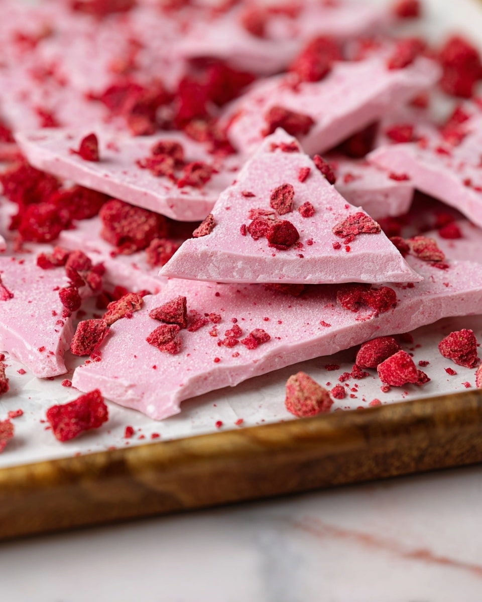 The image shows many pieces of light pink bark candy broken into uneven shapes and spread on a white baking tray. The bark has a smooth top layer with a slightly spongy texture below. Bright red whole and crushed freeze-dried raspberries are scattered on and around the pink bark, adding rough texture and vibrant color. The baking tray has a brown wooden edge and sits on a white marbled surface. The focus is on the nearest broken pieces with soft blur in the background. photo taken with an iphone --ar 4:5 --v 7