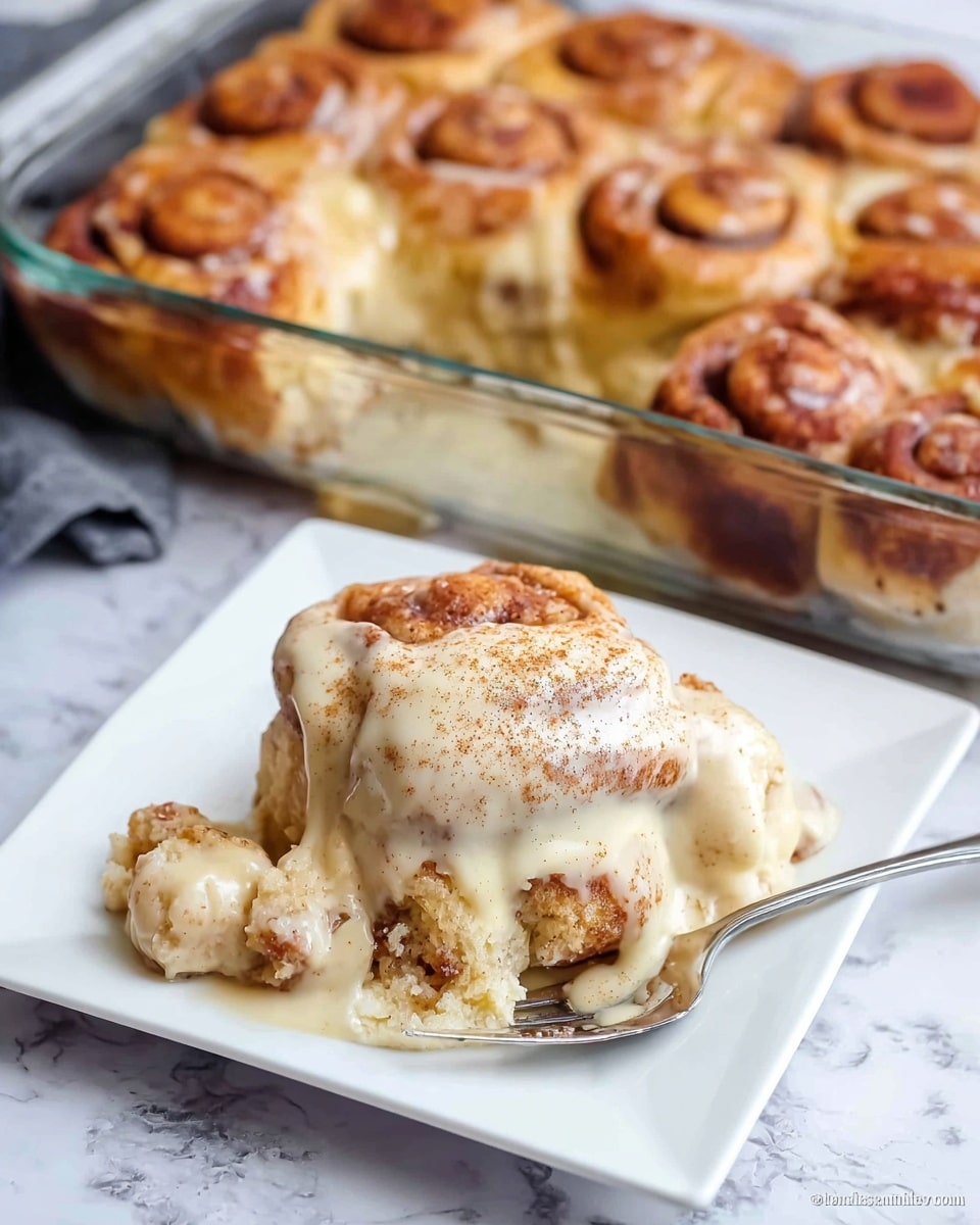 A white square plate holds a serving of cinnamon rolls covered in thick, creamy icing that oozes over the sides. The rolls are tightly coiled in layers with a golden-brown top dusted lightly with cinnamon, showing a soft, fluffy interior. Behind the plate, there is a clear glass baking dish filled with more cinnamon rolls with a baked golden crust. The scene is set on a white marbled surface with a silver spoon resting on the plate. photo taken with an iphone --ar 4:5 --v 7