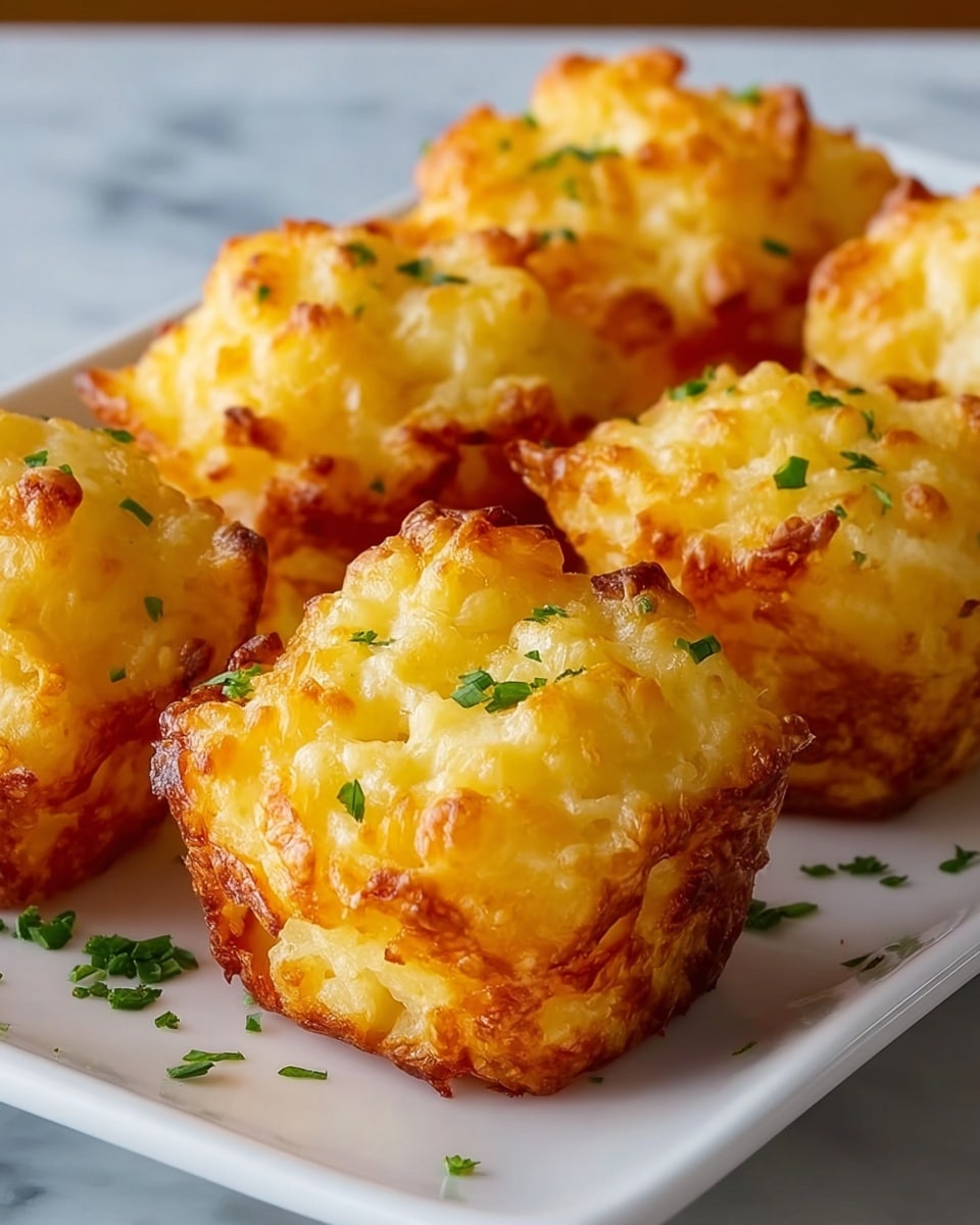 The image shows a close-up of six golden brown cheese puffs arranged in two rows on a long white plate. Each puff is square-shaped with a crispy, slightly browned outer layer and a soft, creamy yellow inside with a textured, bubbly surface. Small green chopped herbs are sprinkled on top and scattered around the plate for a fresh contrast. The background is a white marbled surface, and the warm lighting highlights the crispy edges and fluffy texture of the cheese puffs. Photo taken with an iphone --ar 4:5 --v 7