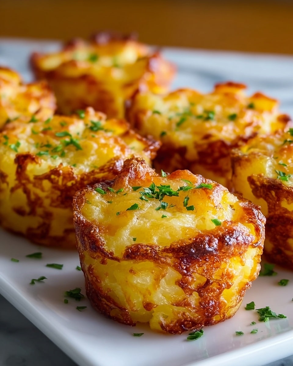The image shows several golden brown, crispy bite-sized cheesy potato bites arranged closely on a long white plate placed on a white marbled texture. Each potato bite has a rough, crunchy outer texture with melted cheese baked to a light golden color, with some parts slightly darker and toasted. Small bits of green herbs are sprinkled on top of each potato bite, adding a fresh pop of color to the warm yellow and golden brown tones. The background is softly blurred with warm, neutral tones, keeping the focus on the crispy cheese potato bites in the front. photo taken with an iphone --ar 4:5 --v 7