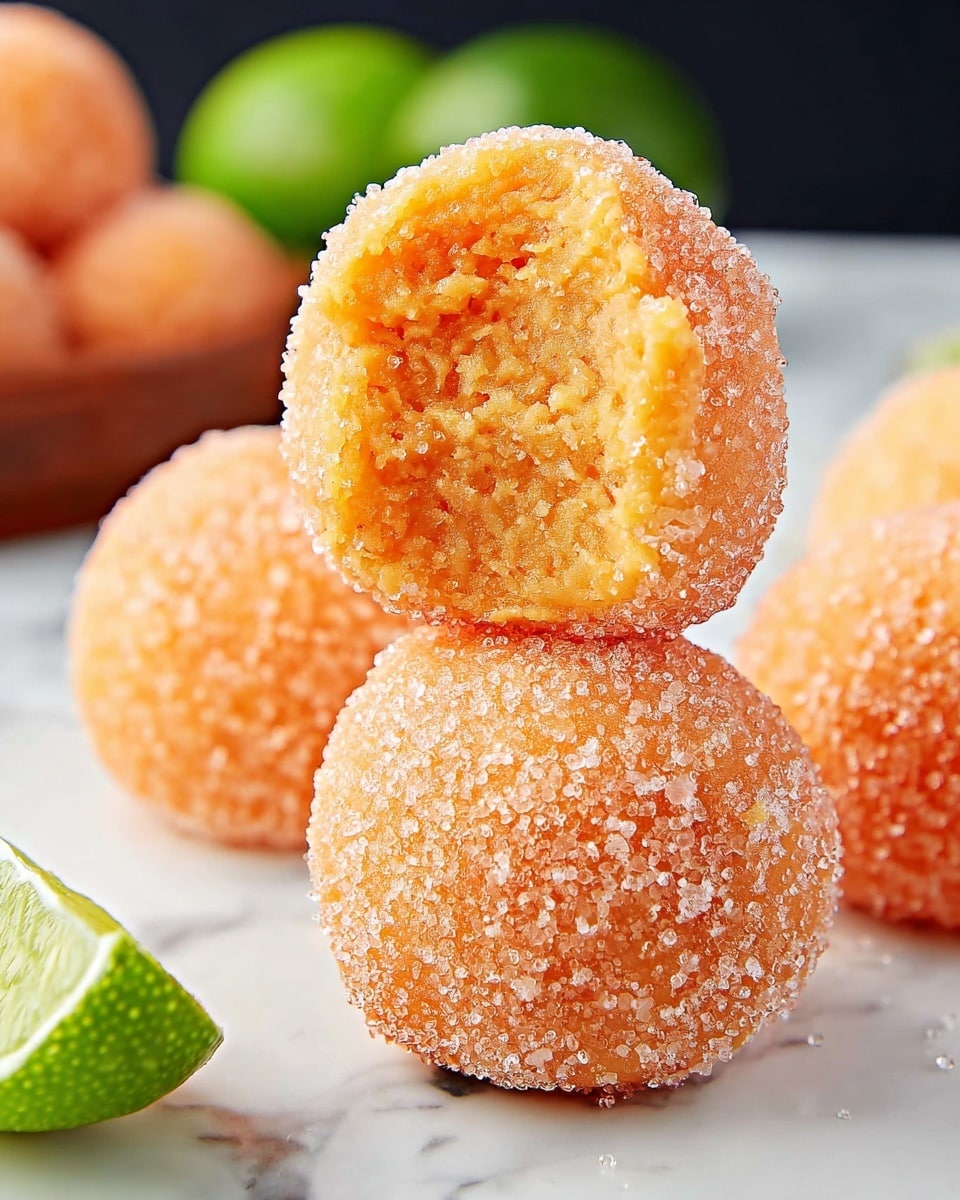 Two orange-colored balls covered in coarse sugar granules are stacked in the center, with the top ball bitten to reveal a soft, crumbly orange inside. Around them, several more balls of the same kind are scattered, also showing the sugar coating texture. A small wedge of bright green lime sits next to the stack, placed on a white marbled surface. The colors are bright and the textures clear, with the sugar crystals highlighting the exterior of the balls. photo taken with an iphone --ar 4:5 --v 7