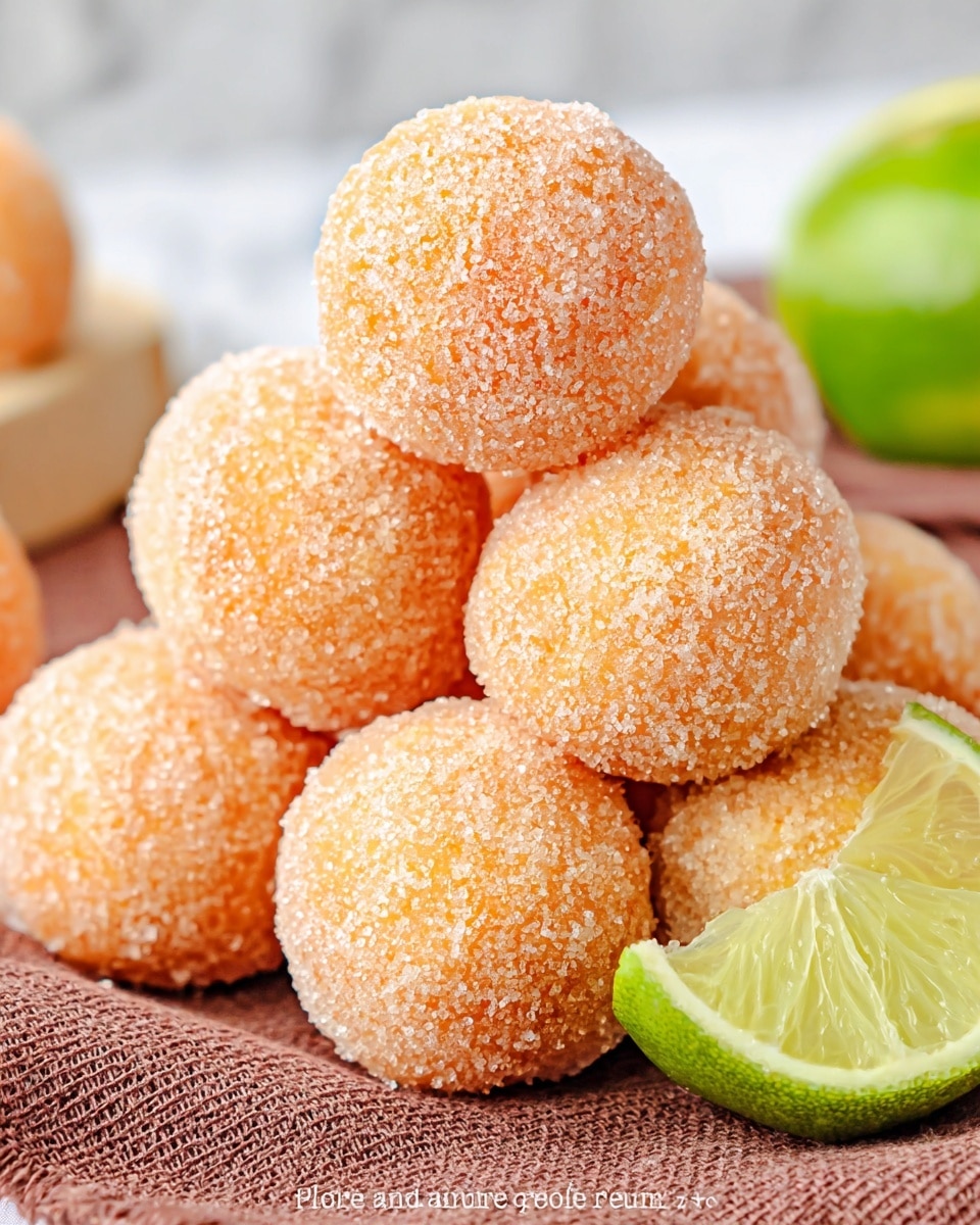 A close-up view of several round orange sugar-coated doughnut holes stacked in a small pyramid shape on a textured brown fabric mat. Each doughnut hole has a rough sugar grain texture visible on its surface. A green lime wedge with light yellow flesh is placed between the doughnut holes near the top right, adding a fresh contrast of color. The background features a white marbled texture, softly blurred to keep focus on the doughnut holes cluster. photo taken with an iphone --ar 4:5 --v 7
