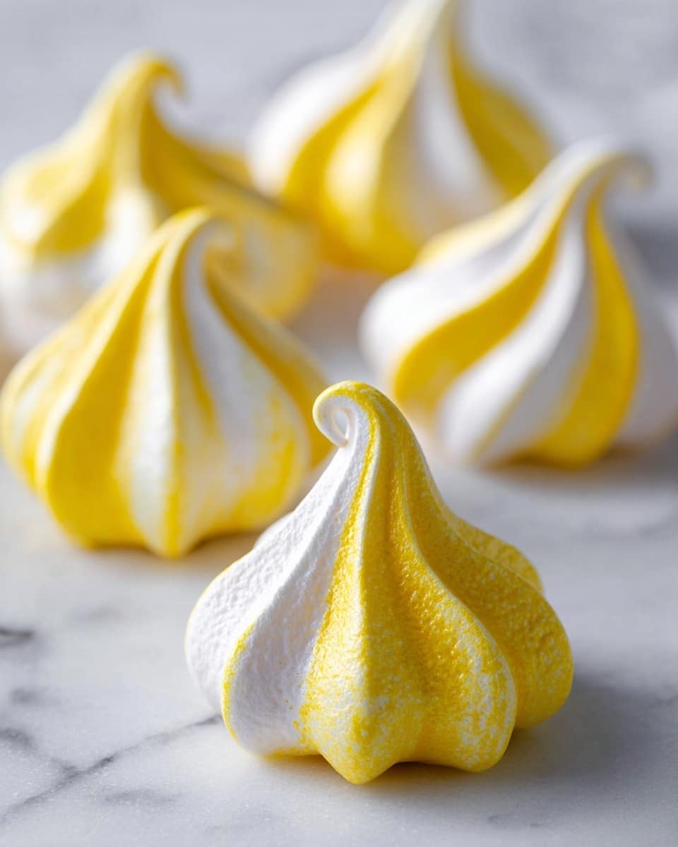 The image shows several small meringue cookies with a star shape. Each meringue has alternating bright yellow and white stripes that run from the base to a pointed tip curling slightly at the top. The texture looks light and airy with a smooth, glossy surface. The meringues are placed on a white marbled surface, scattered with some in the foreground in clear focus and others softly blurred in the background. photo taken with an iphone --ar 4:5 --v 7