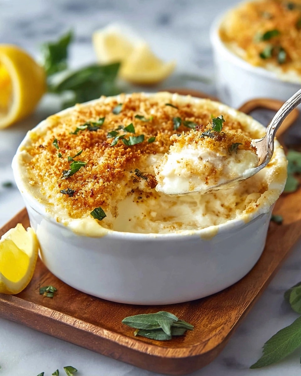 A white bowl filled with a baked dish that has two distinct layers: the bottom layer is creamy and pale yellow with a smooth texture, while the top layer is golden brown with crunchy breadcrumbs, topped with small green herb leaves. The creamy layer is soft and visible where a spoon with a long handle scoops some out from one side of the bowl. The bowl sits on a wooden board, and in the foreground, there is a wedge of yellow lemon and some green leaves scattered around, all set against a white marbled surface. photo taken with an iphone --ar 4:5 --v 7