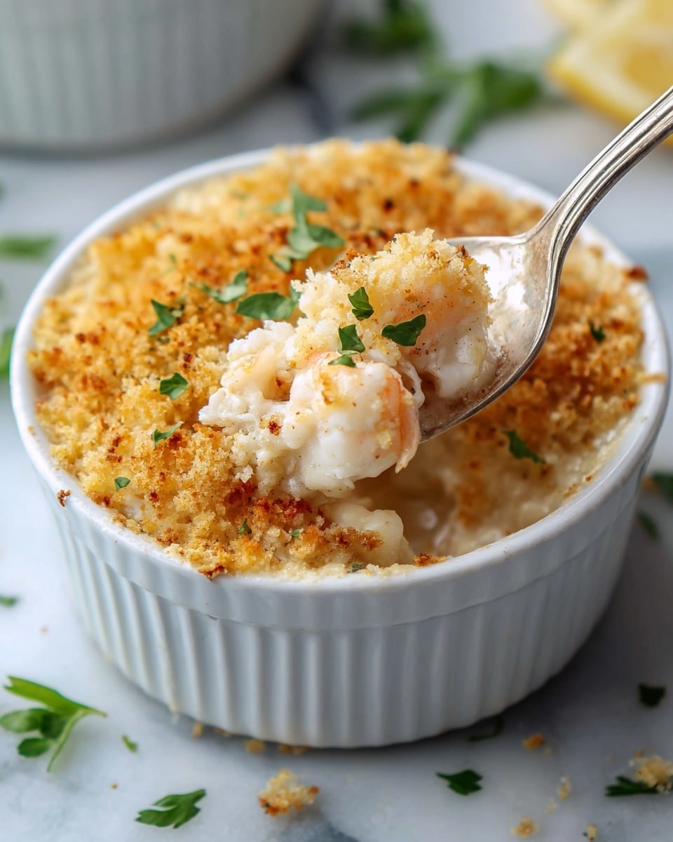 The image shows a white ramekin filled with a creamy baked dish that appears to be a seafood casserole. The bottom layer is a pale, smooth, and creamy mixture with visible chunks of white seafood meat. On top, there is a thick golden-brown breadcrumb crust that looks crispy and crumbly, sprinkled with fresh green herb leaves for garnish. A silver spoon is scooping a portion from the ramekin, showing the creamy inside with the seafood chunks and the crunchy topping. The ramekin is set on a white marbled surface with some scattered green herb leaves around. photo taken with an iphone --ar 4:5 --v 7