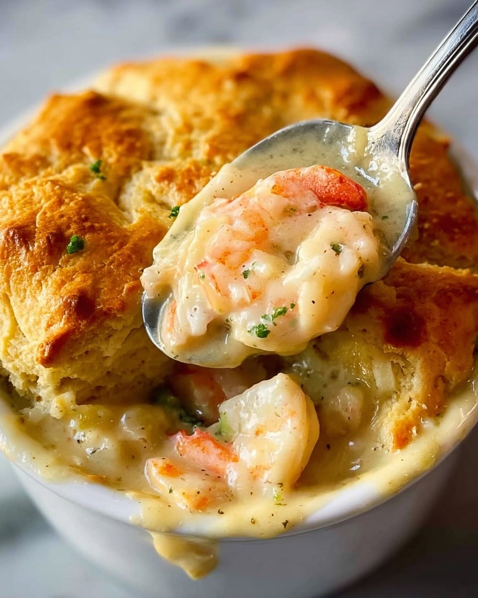 A close-up of a white bowl filled with a creamy seafood pot pie. The top layer is a golden brown, flaky biscuit crust with a rough, cracked texture. Below this crust is a thick creamy sauce that is pale yellow in color, visible as it spills over the sides. Inside the creamy sauce are chunks of white seafood, including shrimp with pink and white colors. A silver spoon is lifting a large portion of the dish, showing the biscuit crust on top and the creamy seafood filling underneath. The bowl is placed on a white marbled surface. Photo taken with an iphone --ar 4:5 --v 7