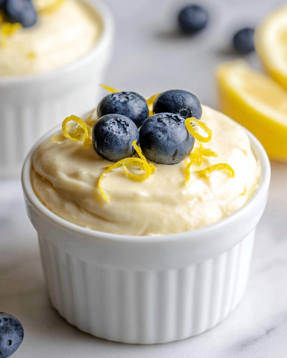 A white ramekin filled with a creamy, smooth, light yellow dessert topped with four plump, dark blue blueberries and thin, curly strips of bright yellow lemon zest scattered on the surface. The dessert has a soft, fluffy texture with gentle peaks and swirls. The ramekin sits on a white marbled surface with a small piece of lemon and another white ramekin blurred in the background. photo taken with an iphone --ar 4:5 --v 7