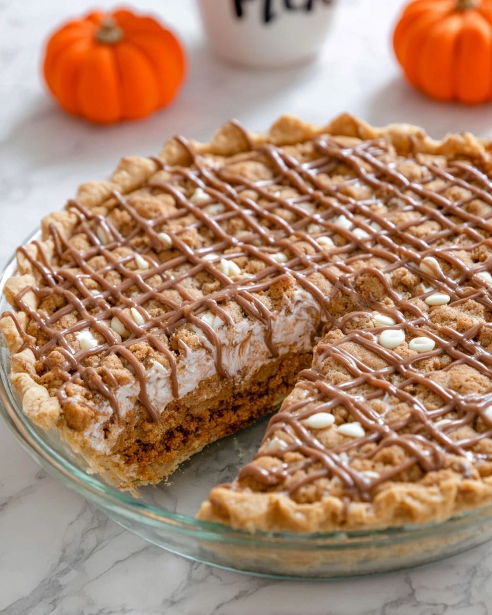 A slice of pumpkin cake sits on a white plate with a patterned edge, showing two visible layers: a thick, moist, orange-brown cake base with small chunks and white bits inside, topped with a light brown cinnamon glaze drizzled unevenly over the surface. The cake has a crumbly texture with some pieces breaking off at the front. A dark metal fork rests on the plate's right side. In the blurred background on a white marbled surface, there's a cinnamon stick, a small pumpkin decoration, and a blue and white checkered cloth. Photo taken with an iphone --ar 4:5 --v 7