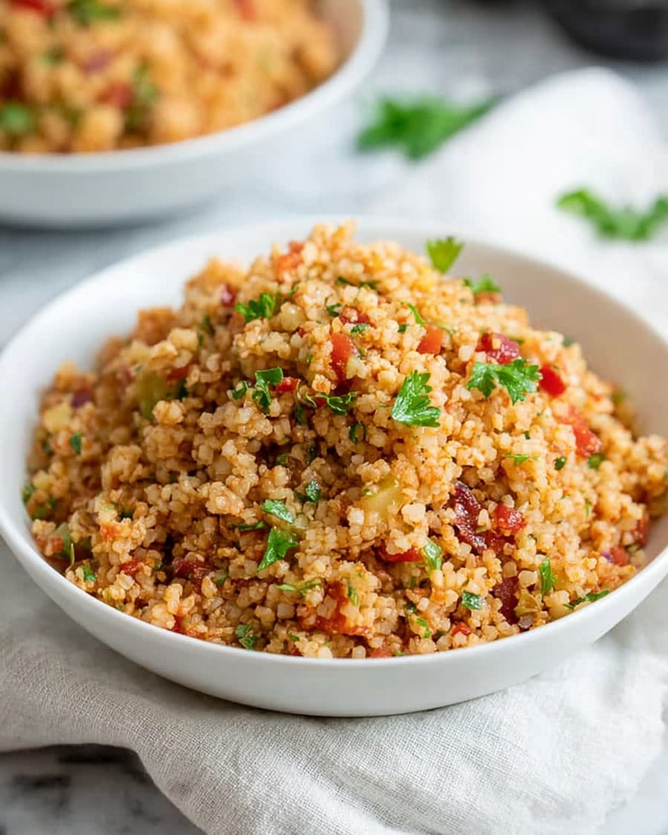 A white bowl filled with a mound of cooked bulgur salad sits on a white cloth over a white marbled surface. The dish has small grain-like pieces in light brown mixed with finely chopped red onions, red bell peppers, and green herbs scattered throughout. The textures look soft and slightly oily, with small flecks of seasoning visible. Some fresh green parsley leaves are placed on top, adding contrast and freshness to the warm colors of the salad. In the background, there is a blurred second bowl with the same dish. photo taken with an iphone --ar 4:5 --v 7