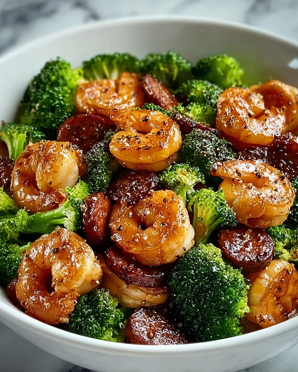 The dish shows a white bowl filled with three main layers: at the bottom, bright green broccoli florets with a fresh texture; scattered on top are small dark brown, shiny sausage pieces with a glazed look; the top layer is made of medium-sized cooked shrimp, curled and browned with a slightly glossy, pepper-speckled surface. The ingredients are closely packed giving a rich, colorful and tasty look. The background shows a white marbled texture. photo taken with an iphone --ar 4:5 --v 7
