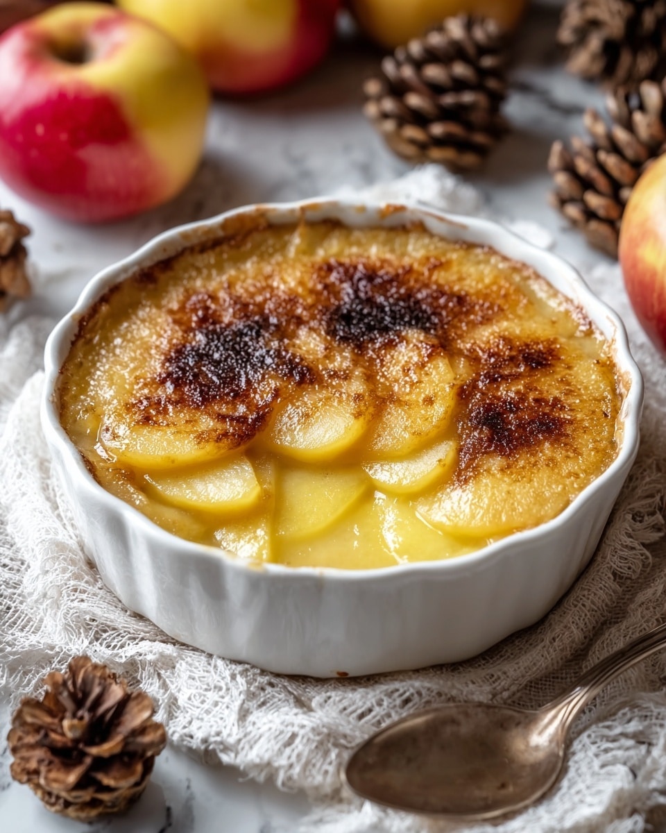 A white ceramic round dish with shallow ridged sides holds a baked dessert featuring a golden-brown caramelized sugar crust on top, unevenly spread with darker burnt spots. Below the crust, there are soft, translucent yellow apple slices arranged in a single visible layer, partially submerged in a glossy, light yellow sauce. The dish sits on a textured white cloth with a spoon beside it on a white marbled surface. Around the dish, there are whole red and yellow apples and pine cones blurred in the background. Photo taken with an iphone --ar 4:5 --v 7