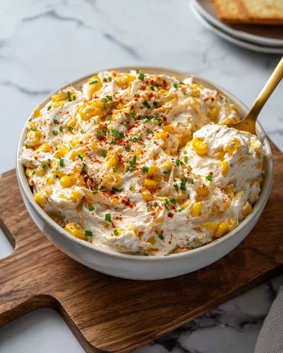 A white bowl filled with a creamy mixture that has a thick, fluffy texture. The dish shows several layers of white cream mixed with bright yellow corn kernels scattered throughout. Small green herb pieces are sprinkled on top, along with light red spice dusted across the surface. A gold spoon is placed inside the bowl on the right side, gently scooping some of the mix. The bowl is sitting on a wooden board, which rests on a white marbled surface. photo taken with an iphone --ar 4:5 --v 7