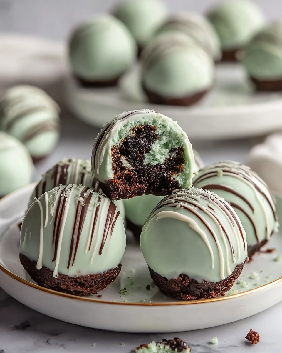 The image shows several round dessert balls on a white plate with a thin gold rim, placed on a white marbled surface. Each dessert has a dark brown crumbly base and is covered with a light mint green smooth coating. There are two types of decorations on the top: some have thin dark brown stripes drizzled over them, while others have a thicker white drizzle. One dessert ball is cut in half and balanced on top of another, revealing a dark brown crumbly center with bits of mint green coating inside. Small crumbs are scattered around the plate, and a blurred background shows more desserts on a white plate. Photo taken with an iphone --ar 4:5 --v 7