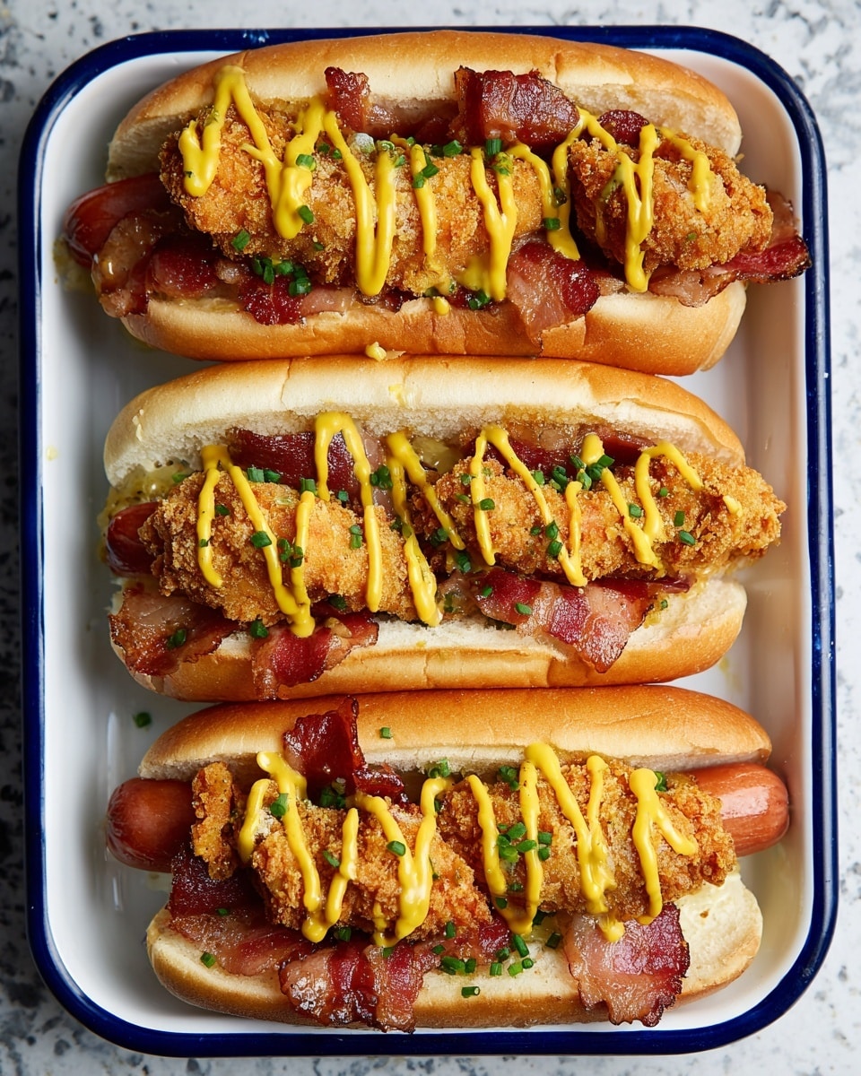 Four hot dogs are arranged side by side in a white rectangular tray with a blue rim, placed on a white marbled textured surface. Each hot dog has a soft bun as the base, with a crispy strip of bacon laid inside. On top of the bacon, there is a single piece of breaded fried chicken with a golden-brown crunchy texture. The chicken is drizzled with bright yellow mustard in a zigzag pattern. Small green chive pieces are scattered over the hot dogs and tray. The buns have a slight gloss, showing their softness. photo taken with an iphone --ar 4:5 --v 7