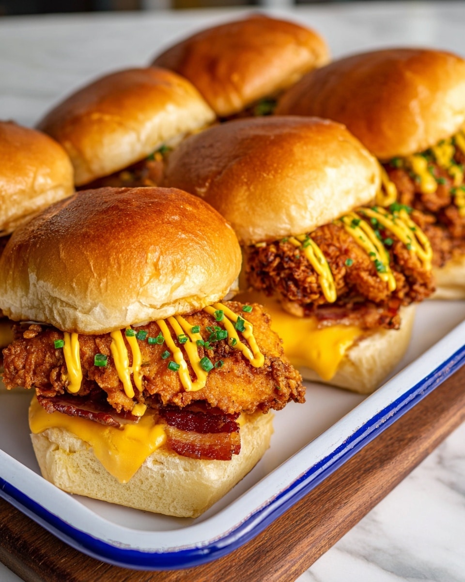 Four fried chicken sandwiches are placed side by side on a white rectangular tray with a blue rim, resting on a wooden board over a white marbled surface. Each sandwich has a soft golden-brown bun that is split open to show layers inside: a slice of crispy bacon forms the base layer, topped with melted orange cheddar cheese, followed by a crispy fried chicken piece with a crunchy, golden coating. The sandwiches are finished with a zigzag drizzle of yellow mustard sauce on top, sprinkled with small green chive pieces for a fresh touch. The photo taken with an iphone --ar 4:5 --v 7