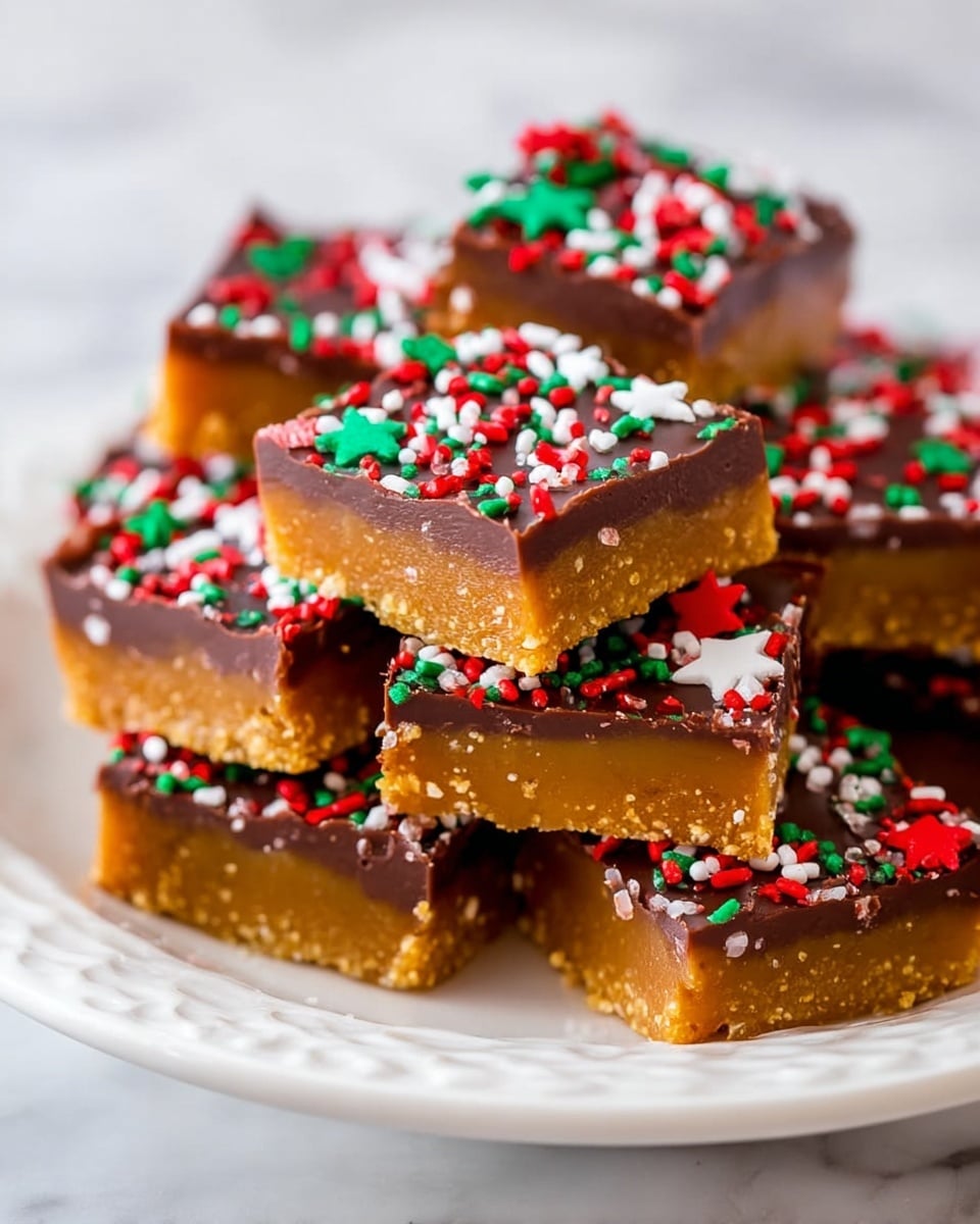 The image shows a stack of square dessert bars on a white plate with a raised edge, set on a white marbled surface. Each bar has two layers: a thick bottom layer in a golden brown color with a smooth but slightly grainy texture, and a thinner top layer of dark chocolate brown with a glossy finish. The chocolate layer is decorated with colorful sprinkles in red, green, and white, some shaped like tiny stars and others like small rods. The bars are piled unevenly, with some resting on their sides and others stacked flat, creating a casual and festive look. Photo taken with an iphone --ar 4:5 --v 7