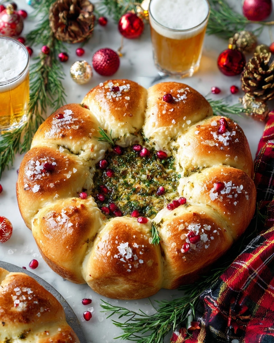 A round wreath-shaped bread with 18 golden brown rolls arranged evenly in a circle, each roll topped with coarse salt flakes, rosemary sprigs, and scattered red pomegranate seeds. The center is filled with a spread of melted cheese covered with a thick layer of chopped green herbs and spices. The bread sits on a white marbled surface with festive red and green holiday decorations around it, including pine cones, small ornaments, and a plaid cloth in red, black, and yellow. Two glasses of golden beer with frothy white tops are also visible near the bread. Photo taken with an iphone --ar 4:5 --v 7