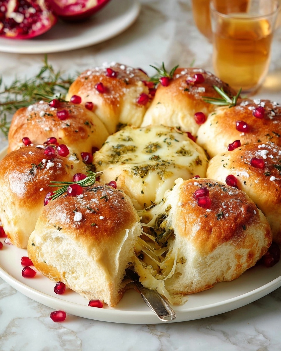 A white round plate holds a wreath-shaped arrangement of golden brown bread rolls, each topped with coarse salt and small rosemary sprigs. Bright red pomegranate seeds are scattered across the bread rolls, adding a pop of color. In the center of the wreath is a ring of melted cheese mixed with green herbs, soft and stretchy as a knife lifts some cheese away. The bread looks soft and fluffy on the inside, while the outside has a shiny, slightly crispy crust. The plate sits on a white marbled surface, with a glass of light amber drink in the background. Photo taken with an iphone --ar 4:5 --v 7