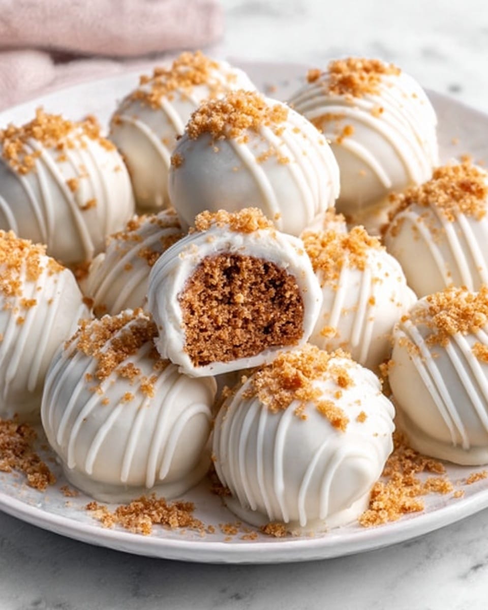 A white plate filled with round cake balls, each coated in smooth white icing with fine white drizzle lines on top. The cake balls have a crunchy topping sprinkled on them, giving a golden and slightly shiny look. One cake ball in the middle is broken open to show a moist, brown inside with a crumbly texture. The plate is set on a white marbled surface. photo taken with an iphone --ar 4:5 --v 7