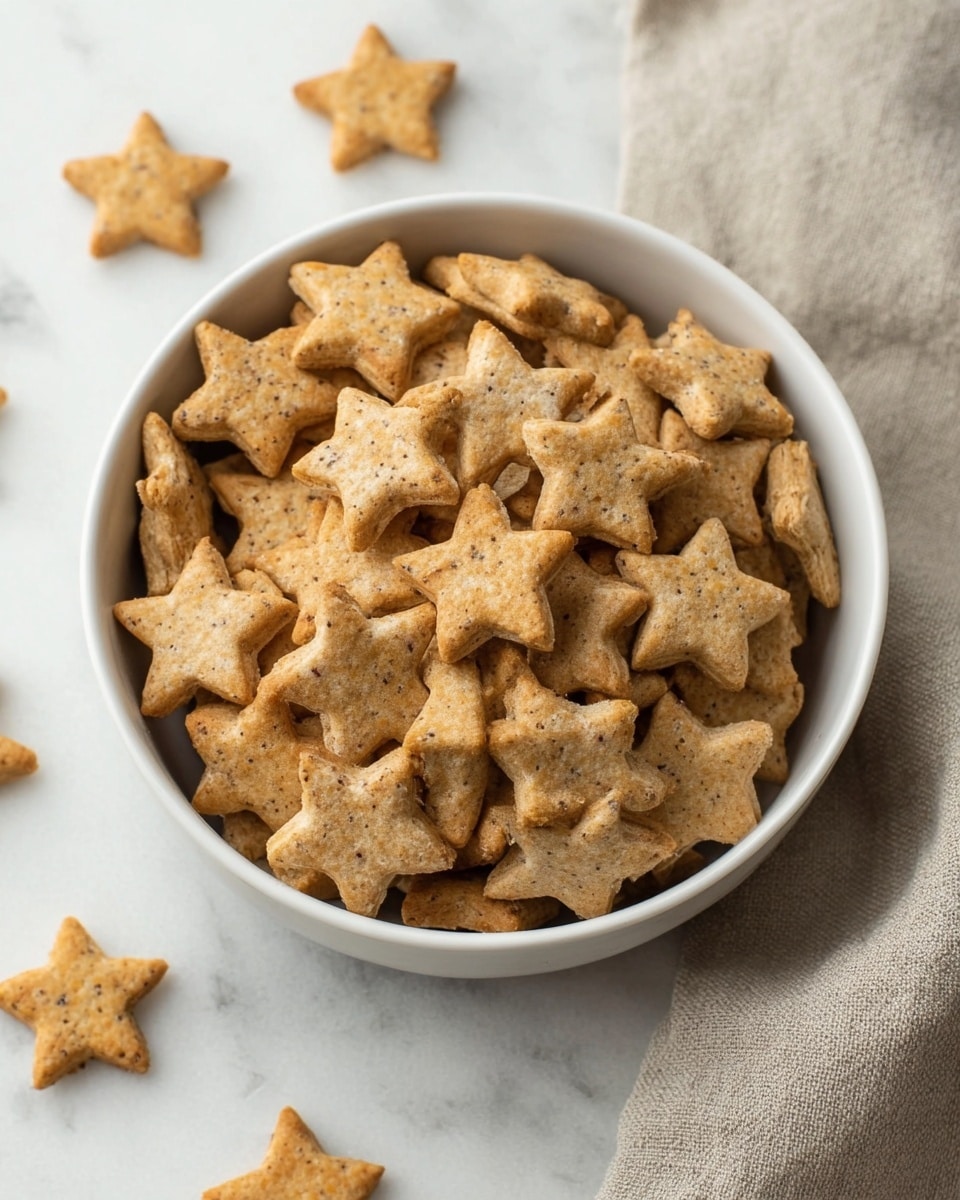 The image shows a white bowl filled with many small star-shaped crackers that have a light brown color and a slightly rough texture, with some tiny darker and lighter spots. The bowl is placed on a white marbled surface with a few more star-shaped crackers scattered around it. The scene is softly lit, highlighting the details and the warm tones of the crackers, with a beige cloth partially visible near the bowl. Photo taken with an iphone --ar 4:5 --v 7