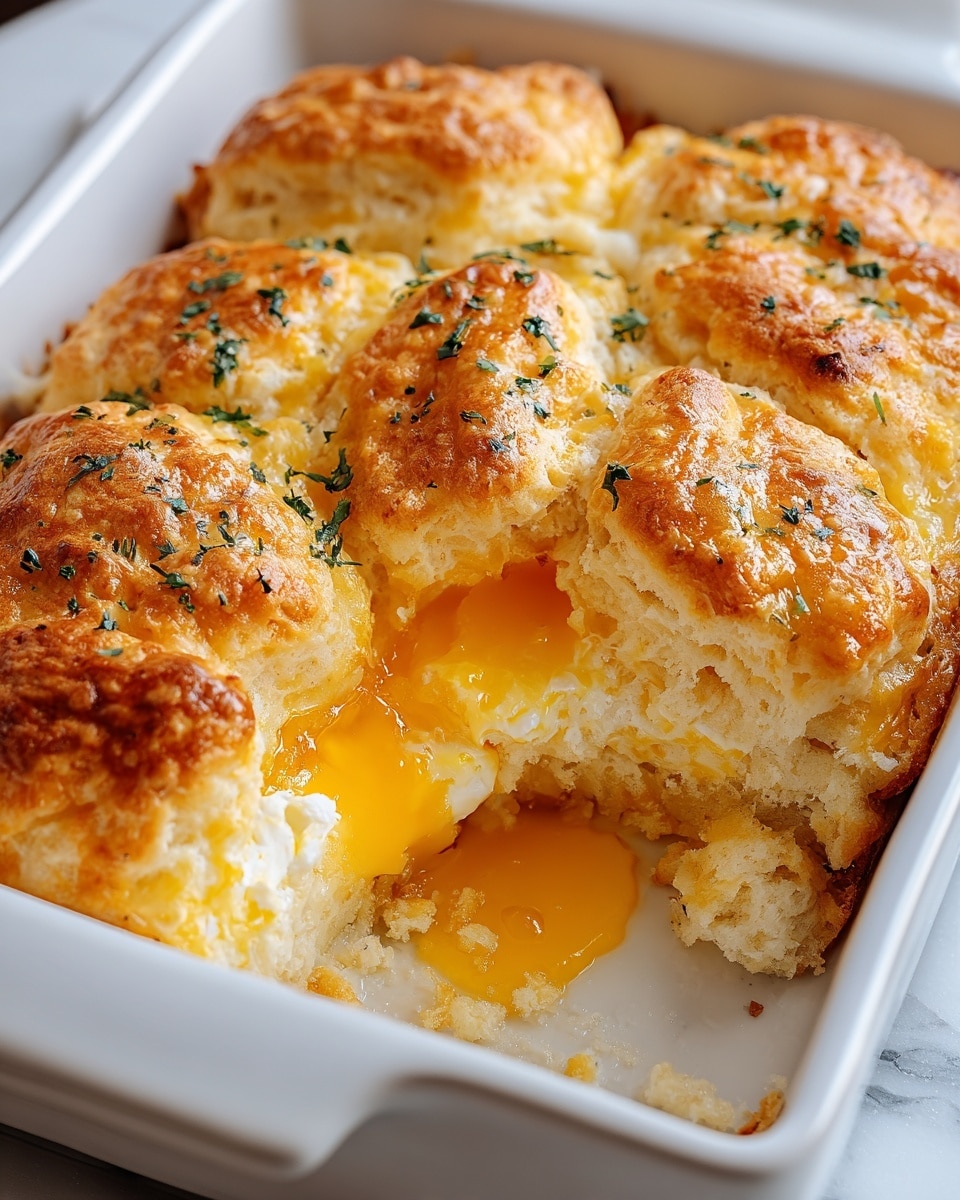 A close-up view of a baked dish in a white square baking dish, showing three golden-brown biscuit layers on top with a light, flaky texture and sprinkled with green herbs. Inside, there are layers of melted cheese and a sunny-side-up egg with a bright yellow yolk in the center, surrounded by soft, fluffy biscuit layers. A small piece broken off at the front reveals gooey cheese mixed with soft egg white. The baking dish sits on a white marbled textured surface. photo taken with an iphone --ar 4:5 --v 7